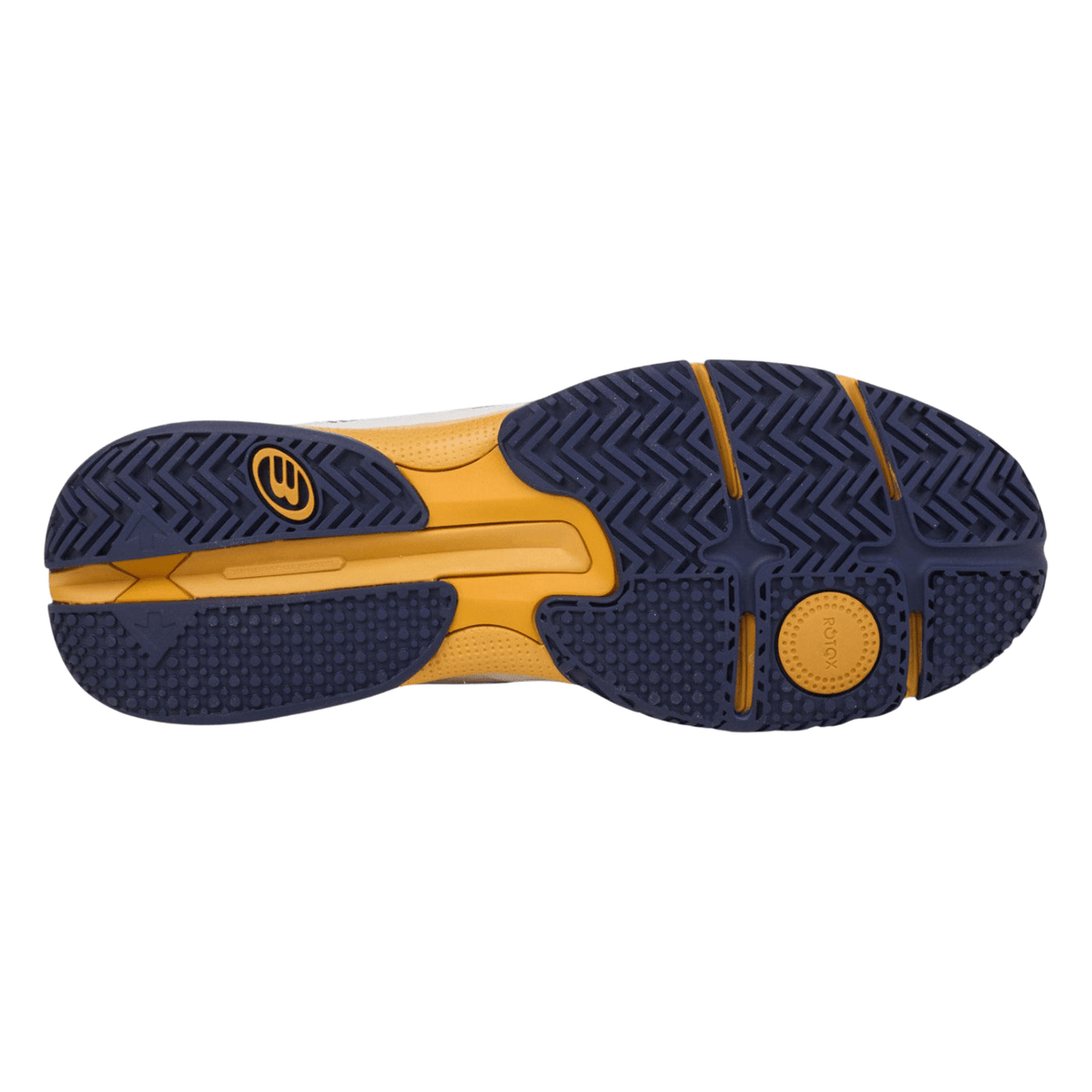 Donkerblauwe zool van de witte Bullpadel Hybrid Fly 25I met okergele Rotox-draaischijf