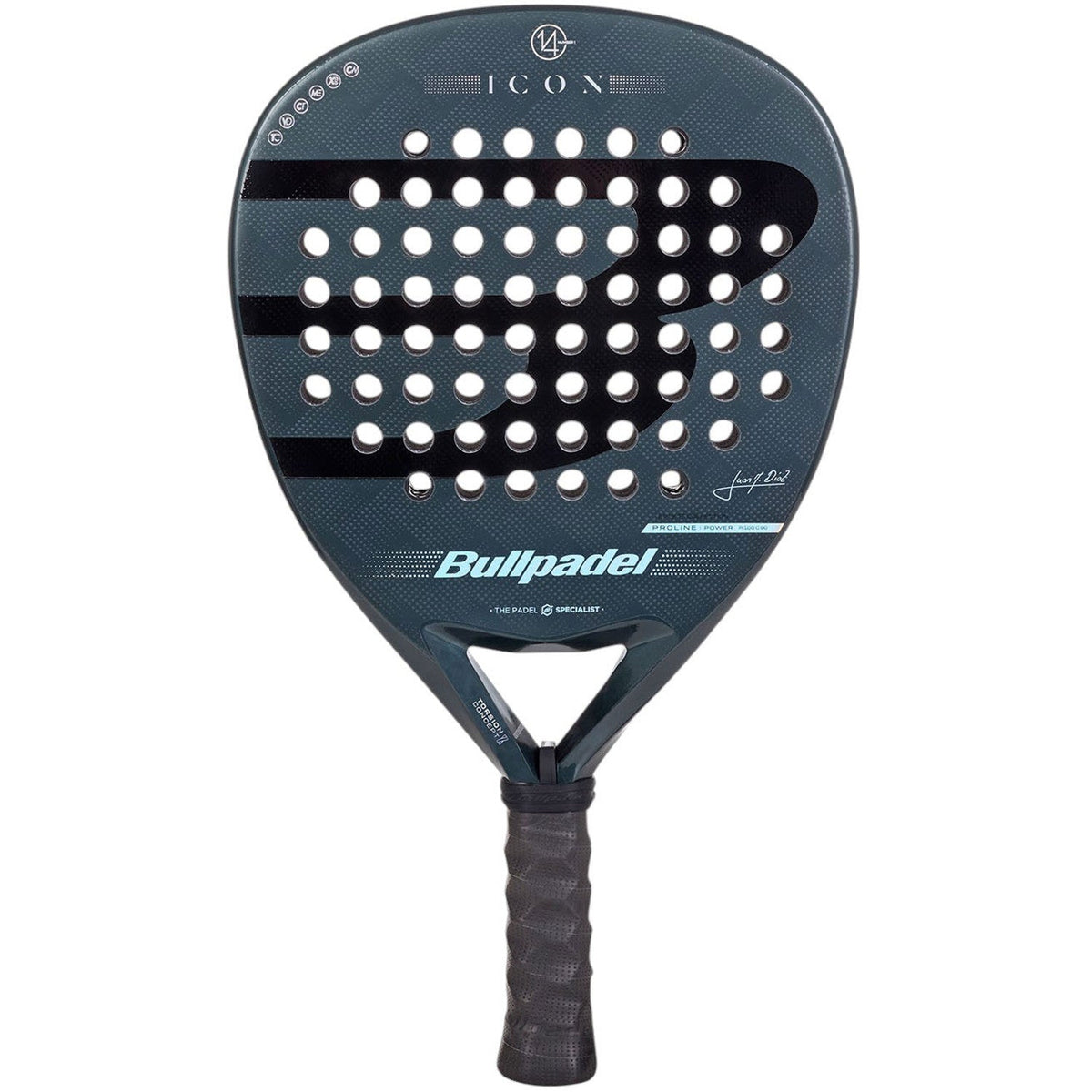Bullpadel Icon 25 padelracket in donkerblauw met wit stippenpatroon, vooraanzicht