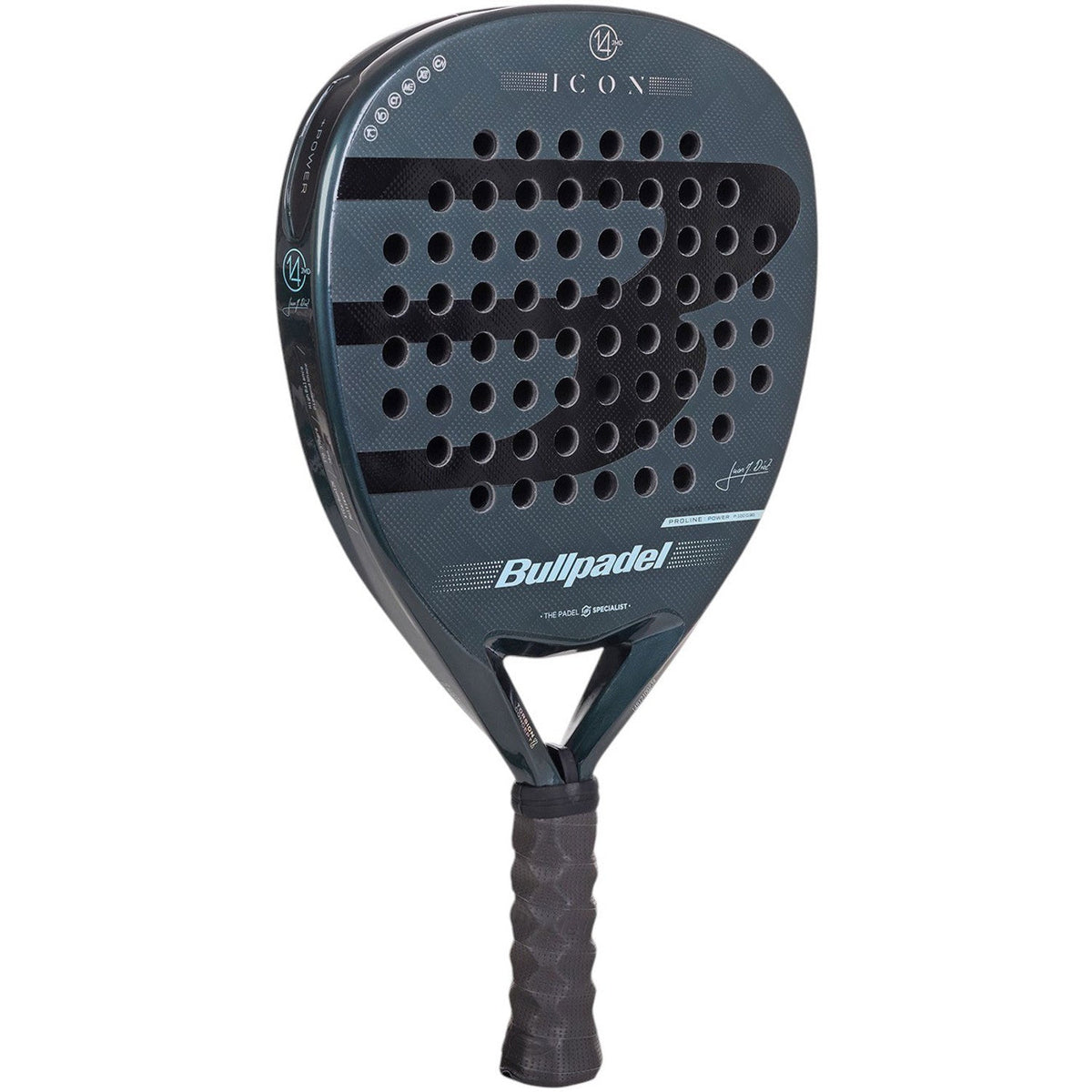 Bullpadel Icon 25 padelracket schuin vooraanzicht, diamantvorm in donkerblauw