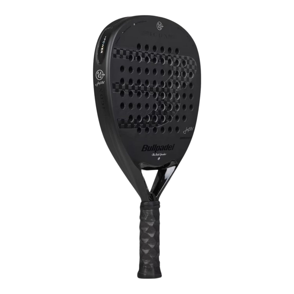 Bullpadel Icon 27 padelracket schuin vooraanzicht, diamantvorm in mat zwart