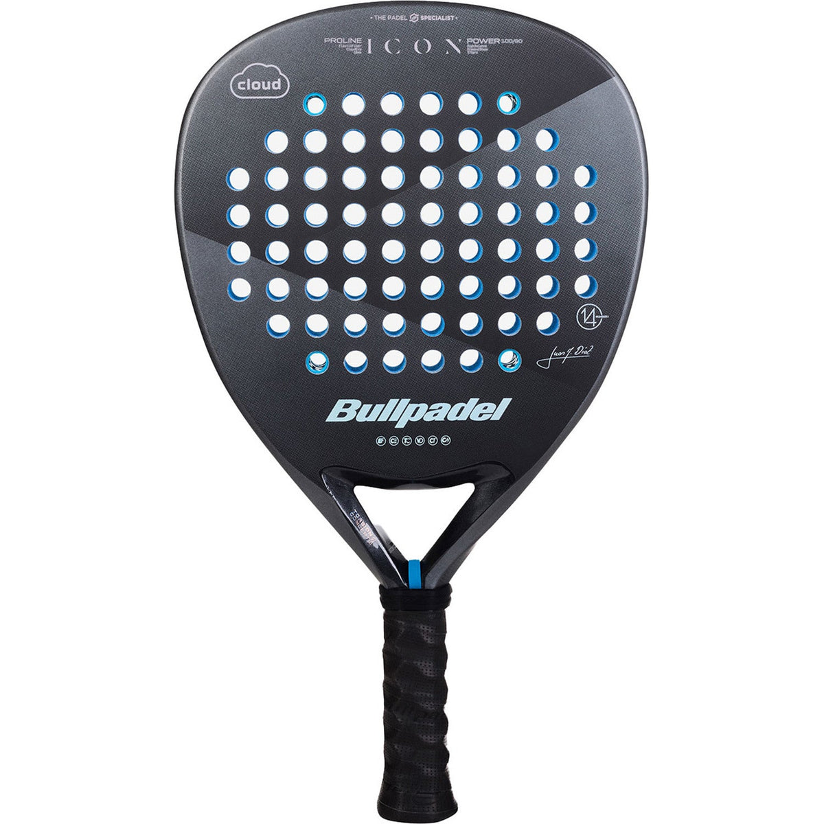 Bullpadel Icon Cloud 25 padelracket in zwart met blauwe stippen, vooraanzicht
