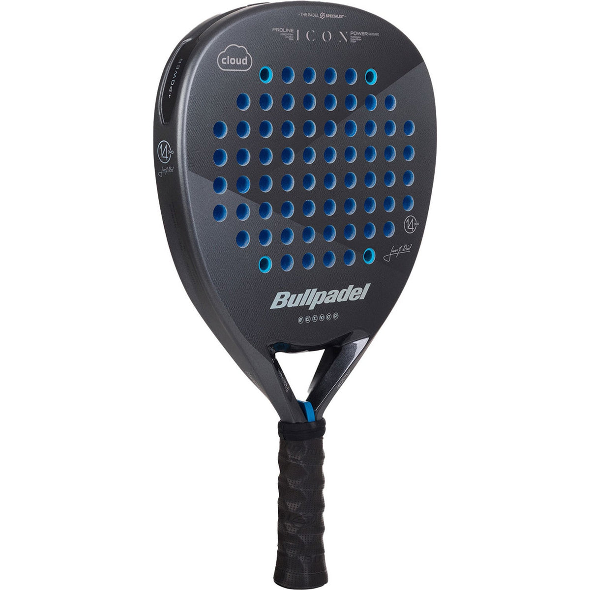 Bullpadel Icon Cloud 25 schuin vooraanzicht, diamantvorm in zwart met blauw