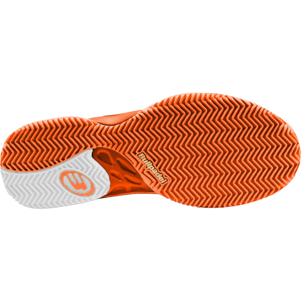 Orangefarbene Sohle des Bullpadel Indiga 26V W mit Fischgrätenprofil für Kunstrasen