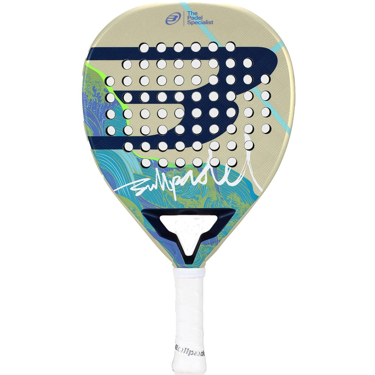 Bullpadel Ionic Light 26 padelracket in beige met donkerblauw patroon, vooraanzicht
