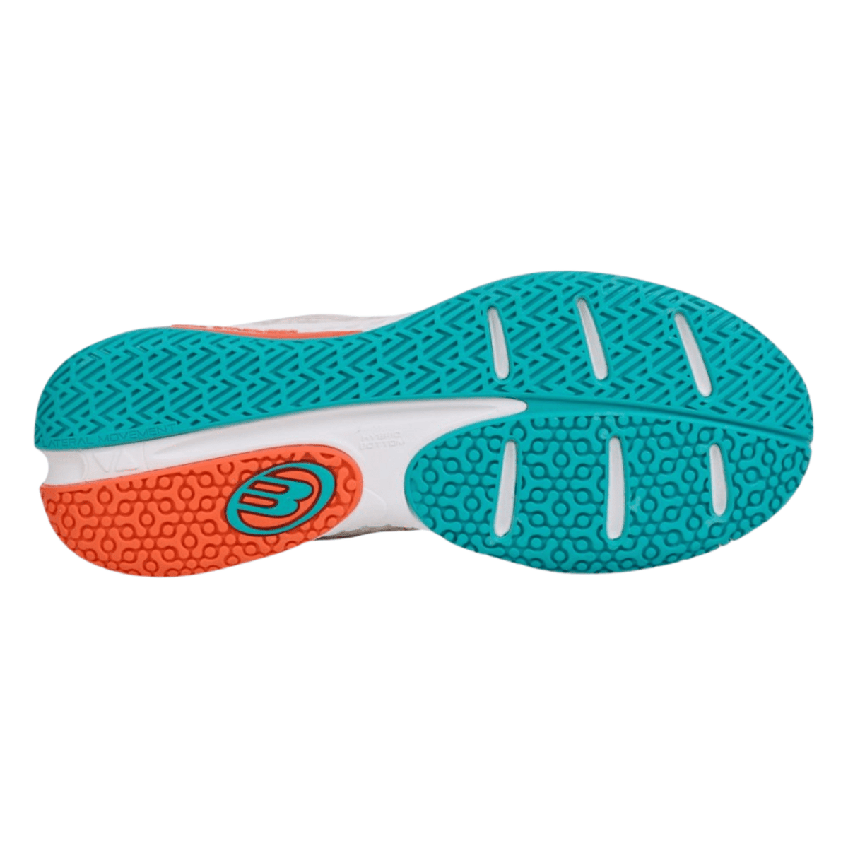 Zool van de witte Bullpadel Ionic W 25I met turquoise voorvoet en oranje hiel