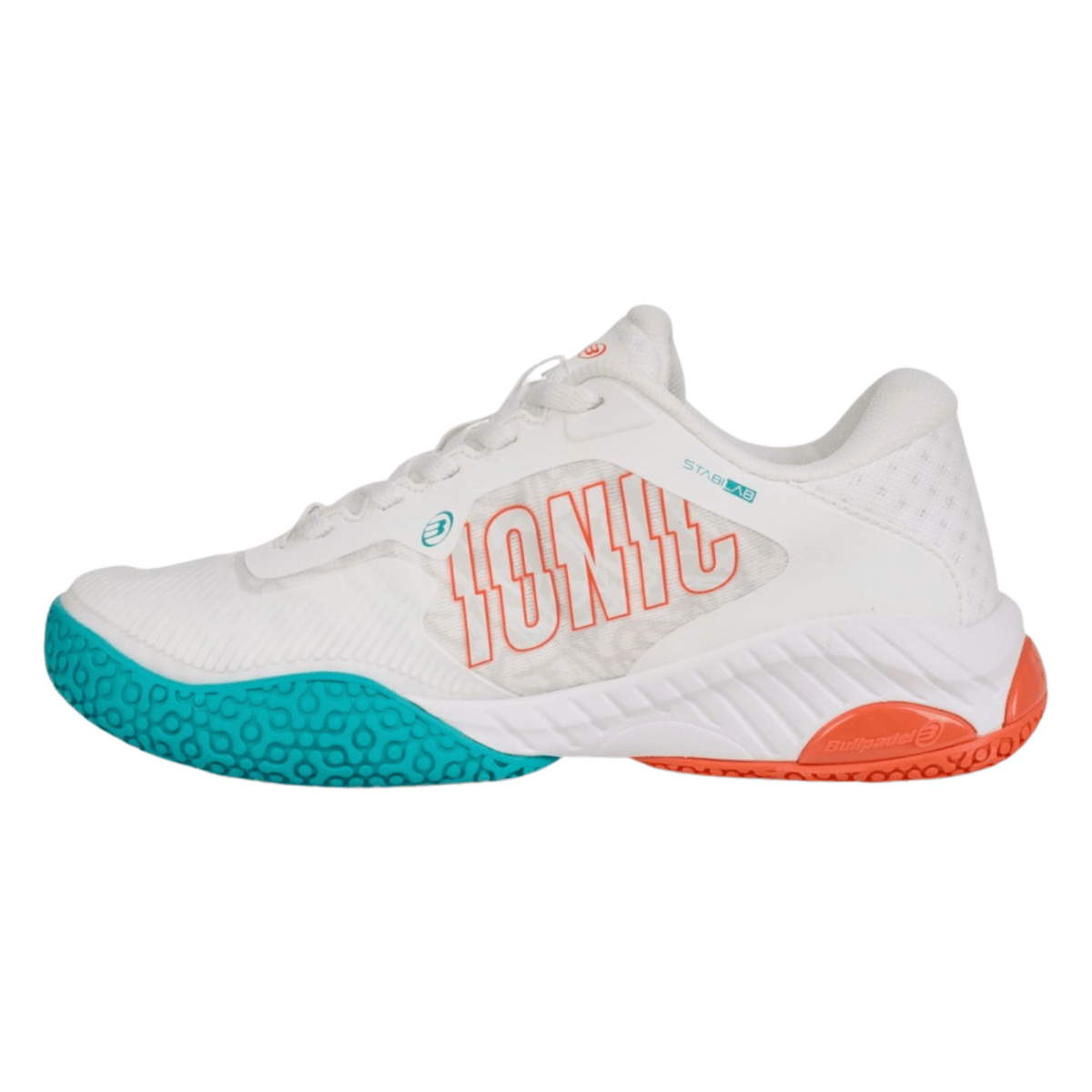 Binnenzijde van de witte Bullpadel Ionic W 25I met oranje Ionic-opdruk