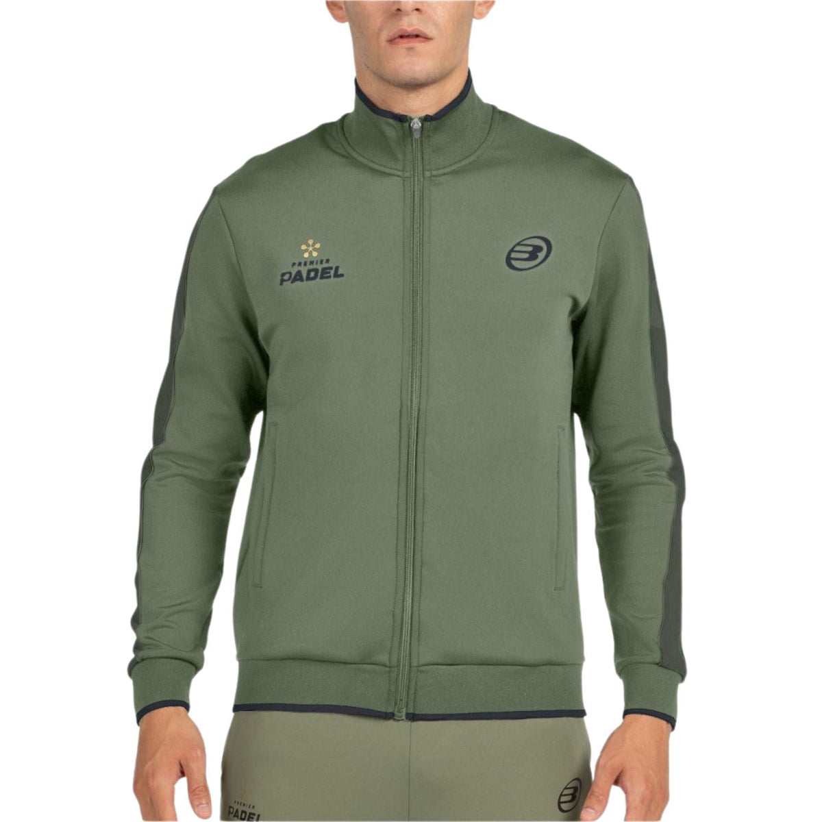 Vooraanzicht van het kakigroene Bullpadel Jacket Pindaro met rits en borstlogo