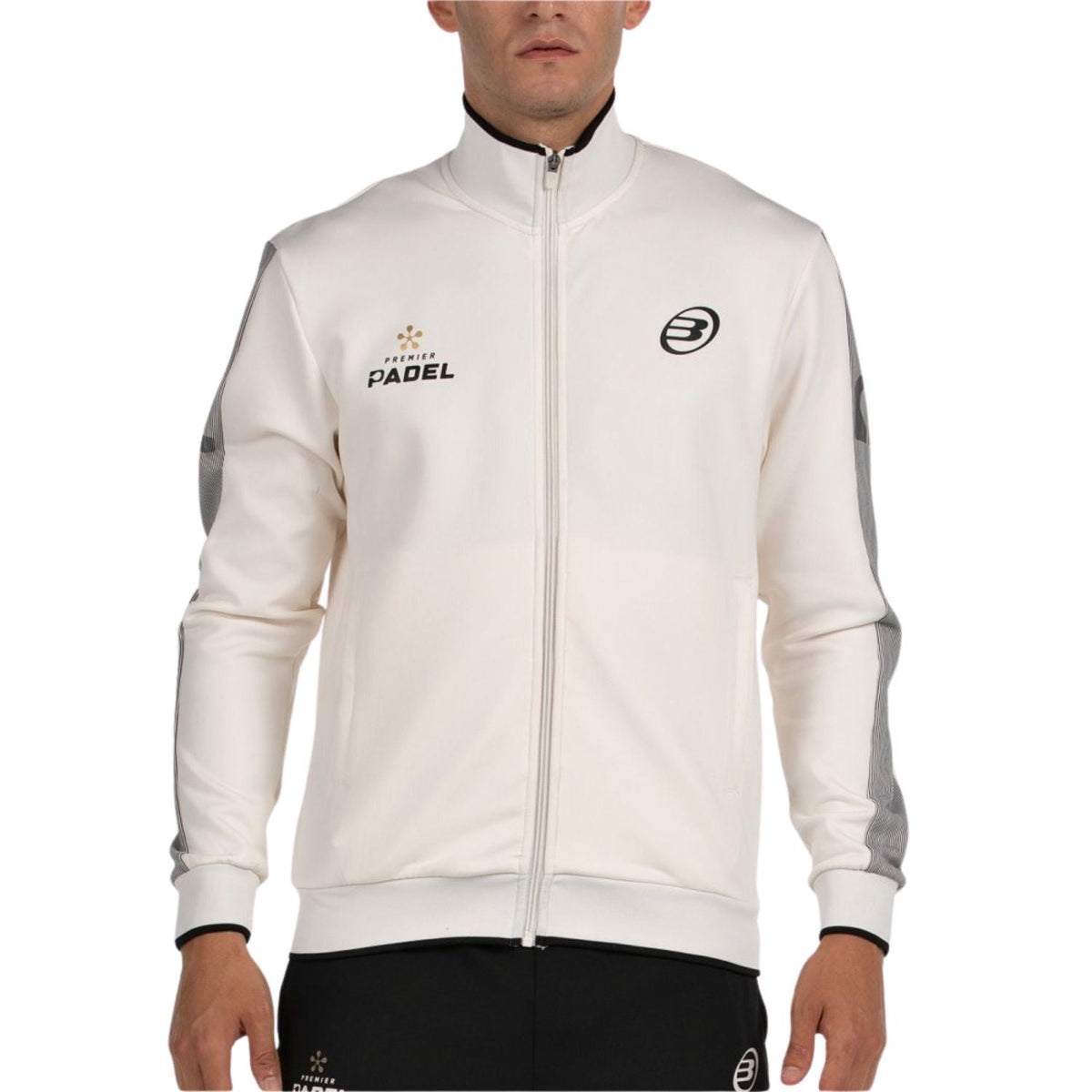 Vooraanzicht van het gebroken witte Bullpadel Jacket Pindaro met logo op de borst
