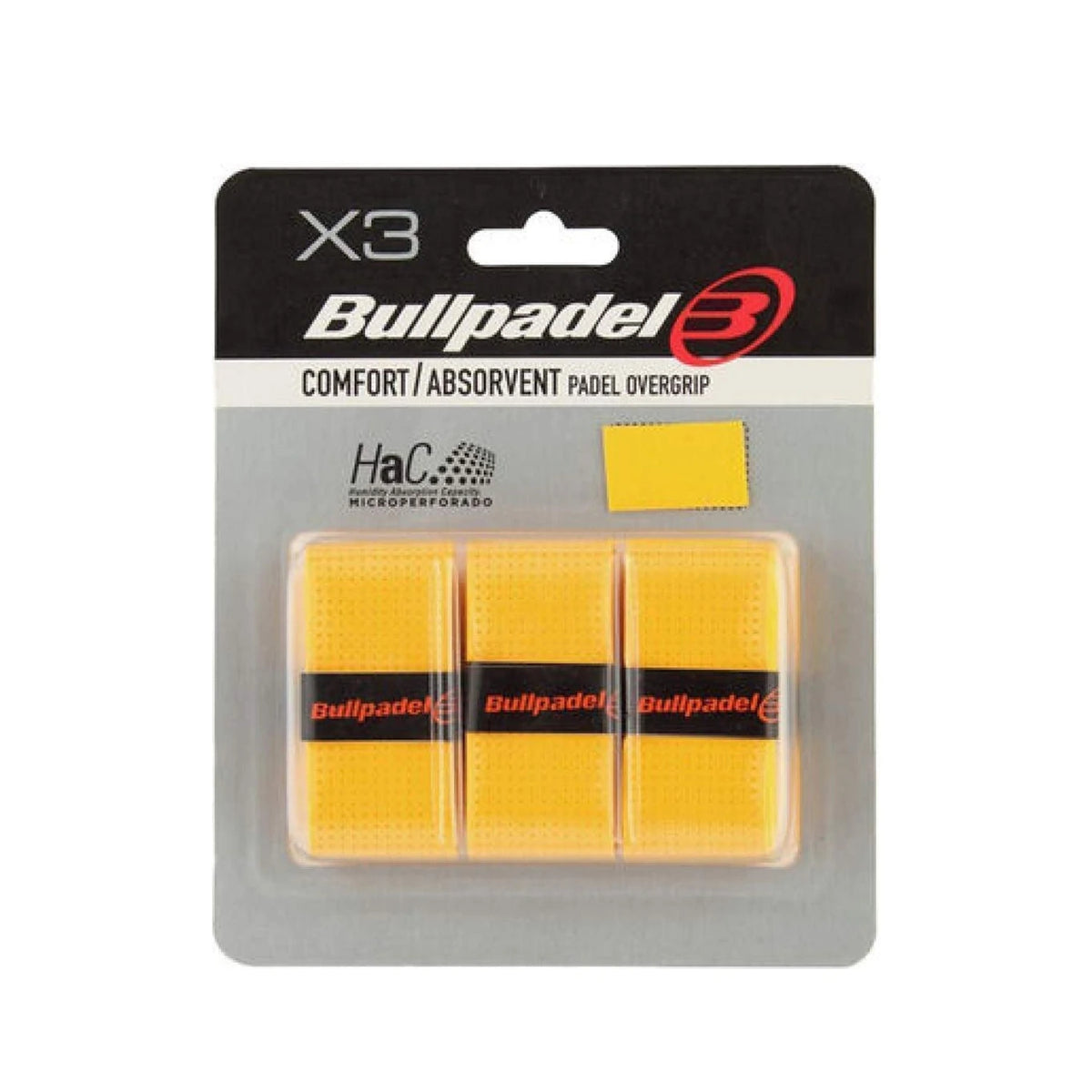 Bullpadel Microperforado overgrips Yellow, verpakking met drie gele overgrips