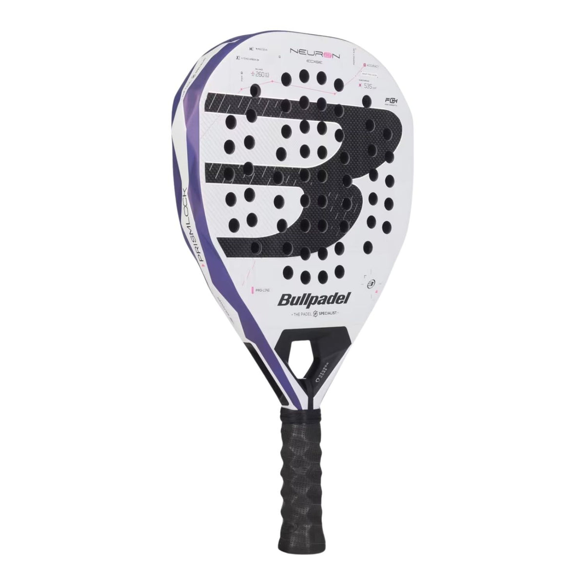 Bullpadel Neuron 02 Edge 27 padelracket schuin achteraanzicht in wit en paars