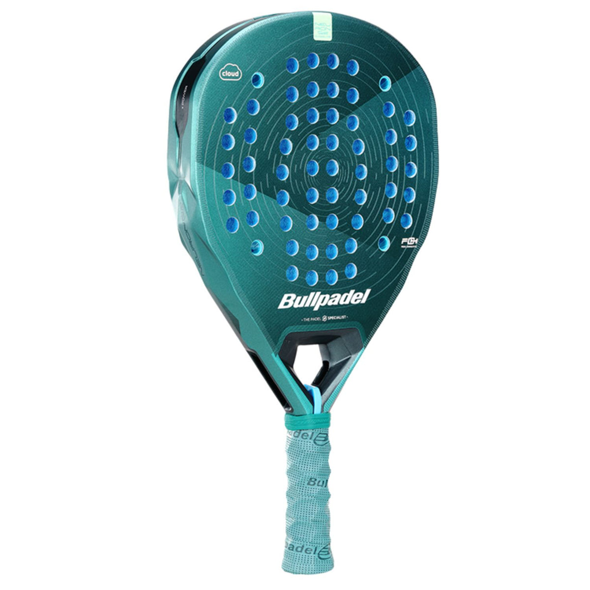 Bullpadel Neuron Cloud 02 26 padelracket schuin vooraanzicht, hybride vorm in groen