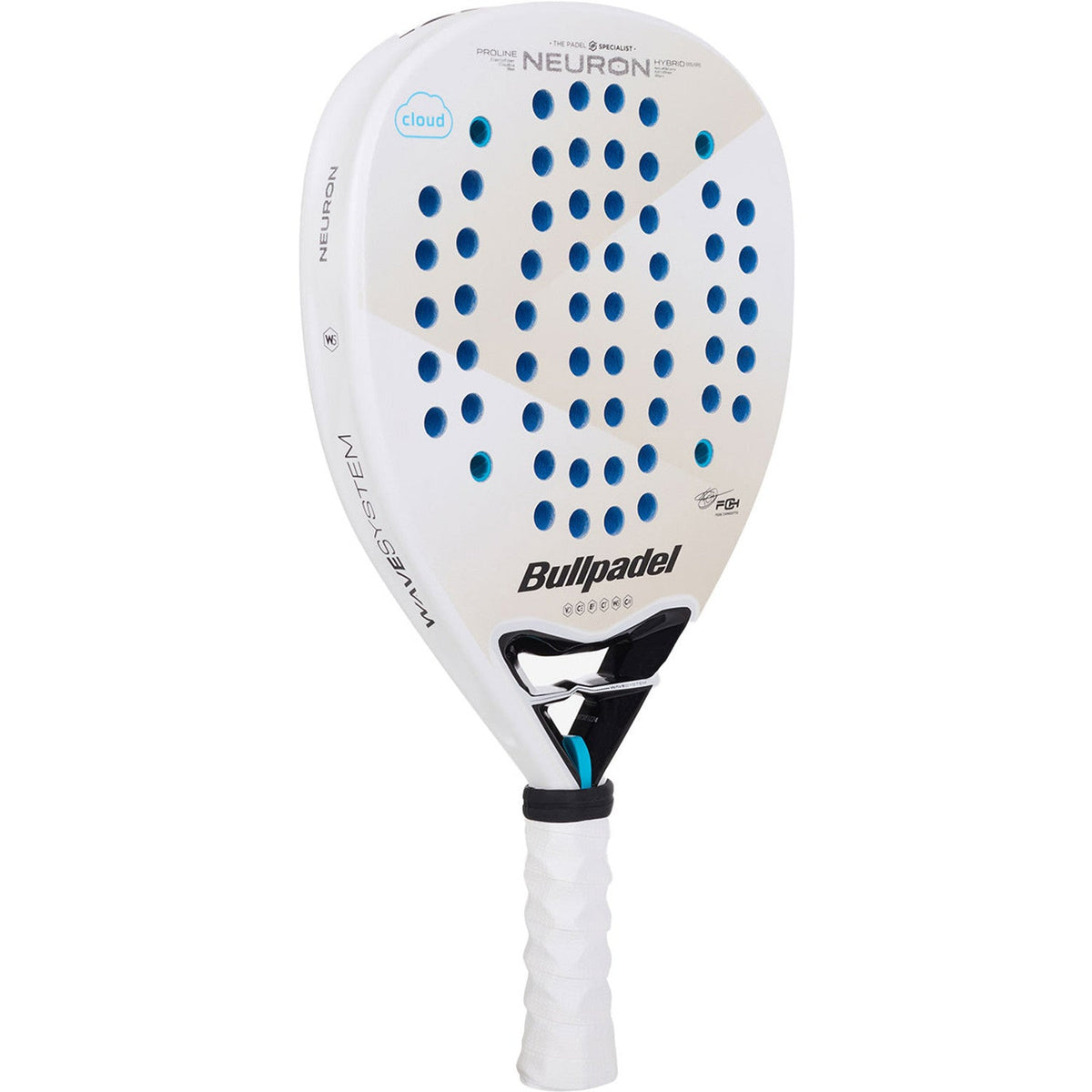 Bullpadel NEURON Cloud 25 schuin vooraanzicht, hybridevorm in wit met blauwe stippen