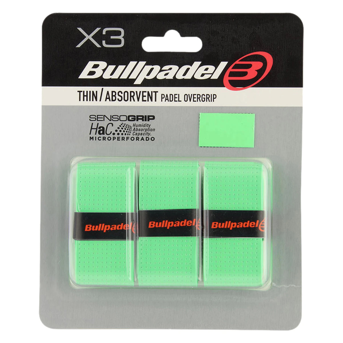 Bullpadel Overgrips GB1705 Senso Green, verpakking met 3 groene geperforeerde overgrips