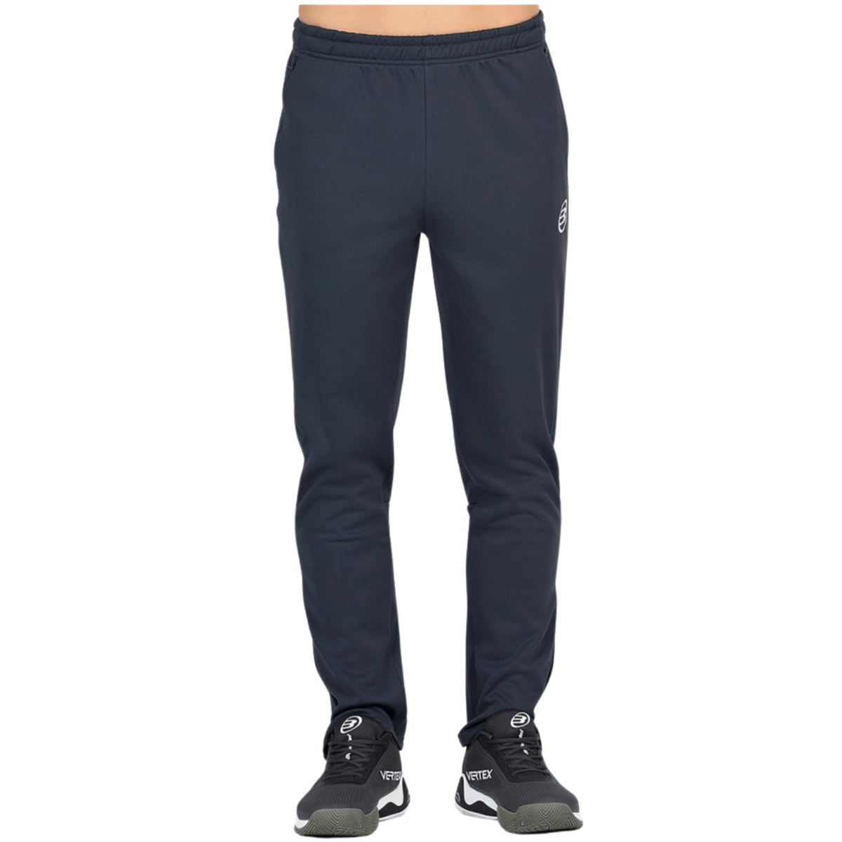 Vooraanzicht van de donkerblauwe Bullpadel Pants Brome met logo op de rechterpijp