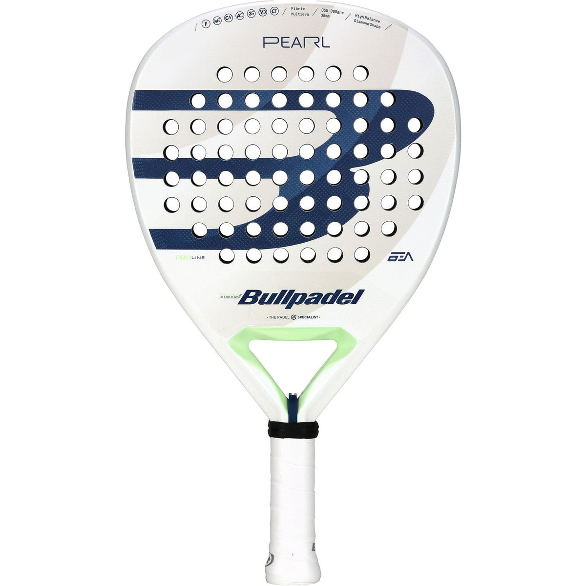Bullpadel Pearl 25 dames padelracket in wit met donkerblauw patroon, vooraanzicht