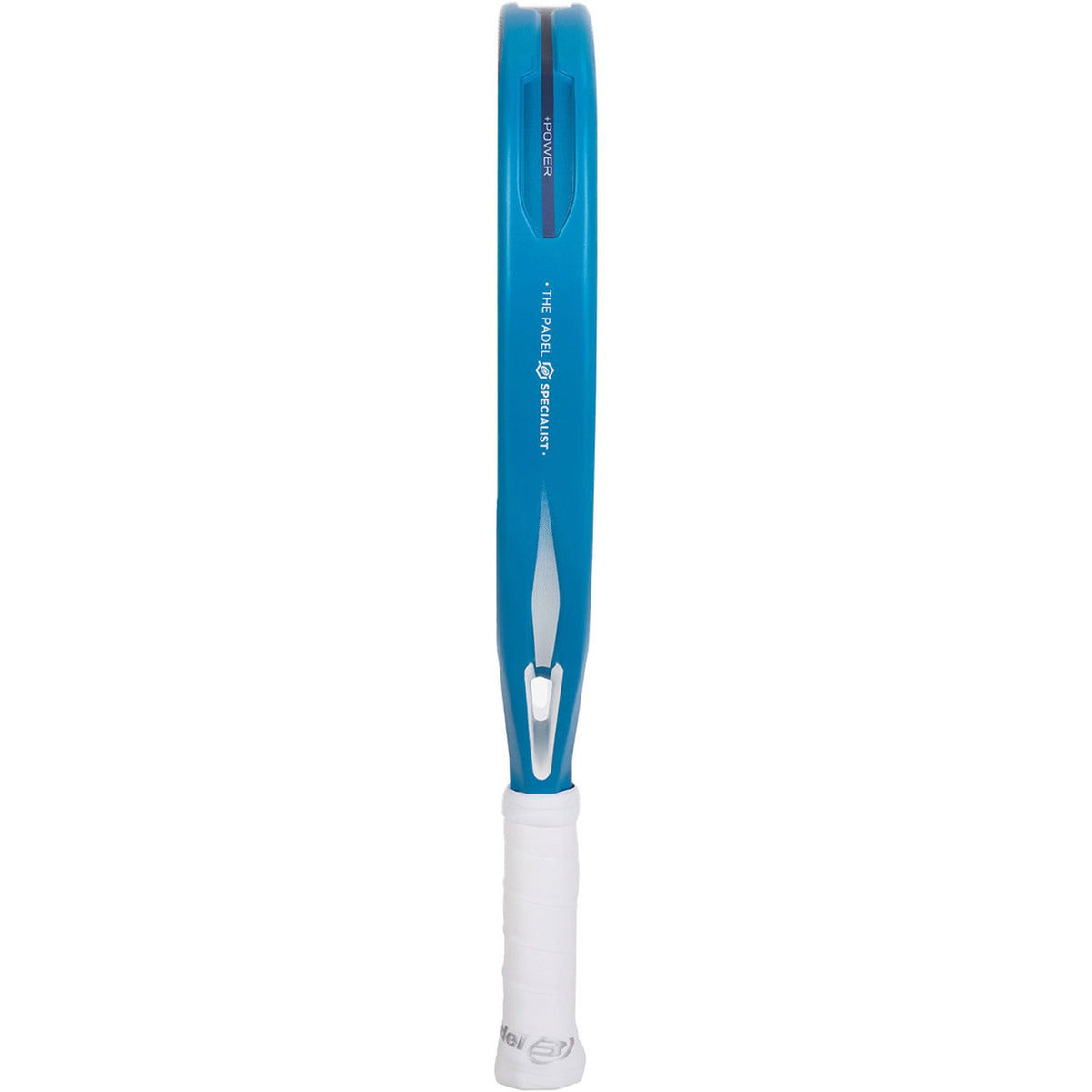 Zijaanzicht van het Bullpadel Pearl Cloud 25 over de volle lengte met witte grip
