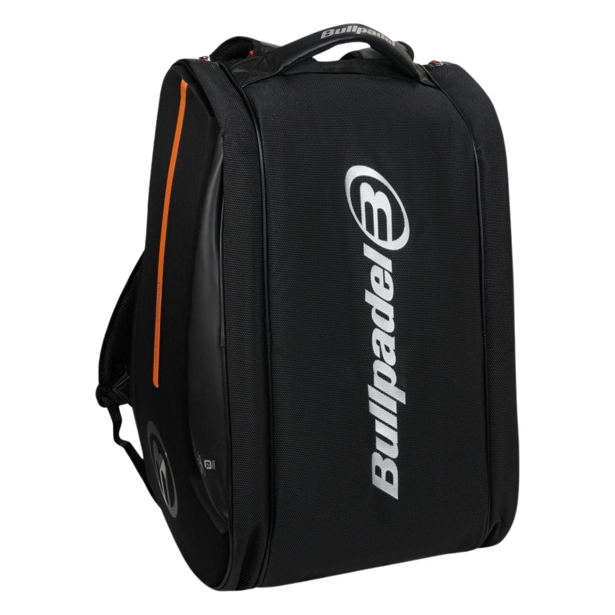Rechtopstaande zwarte Bullpadel Hack 2026 racketbag met wit logo en oranje rits.