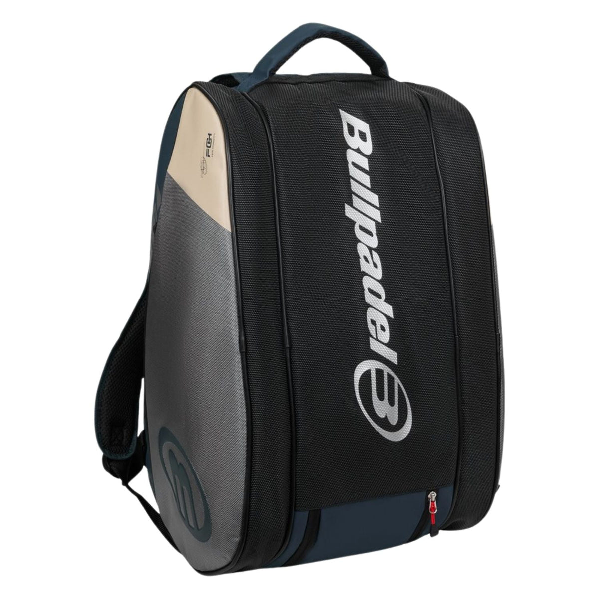 Rechtopstaande Neuron 2026 racketbag in donkerblauw en grijs met zwart Bullpadel-logo