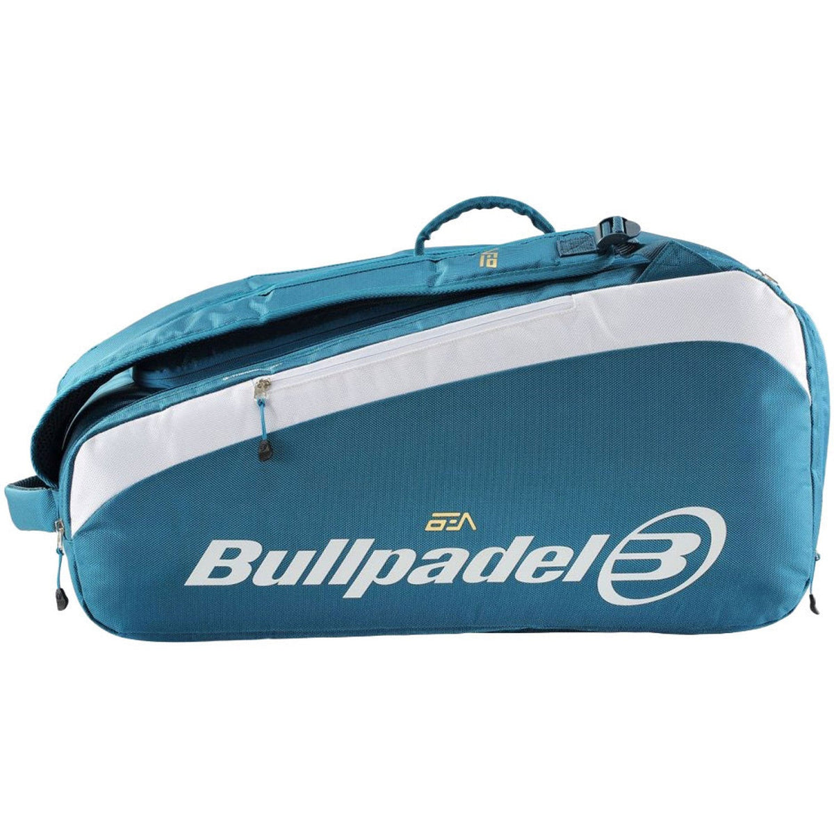 Zijaanzicht van de andere kant van de Pearl racketbag in petrolblauw met wit Bullpadel-logo