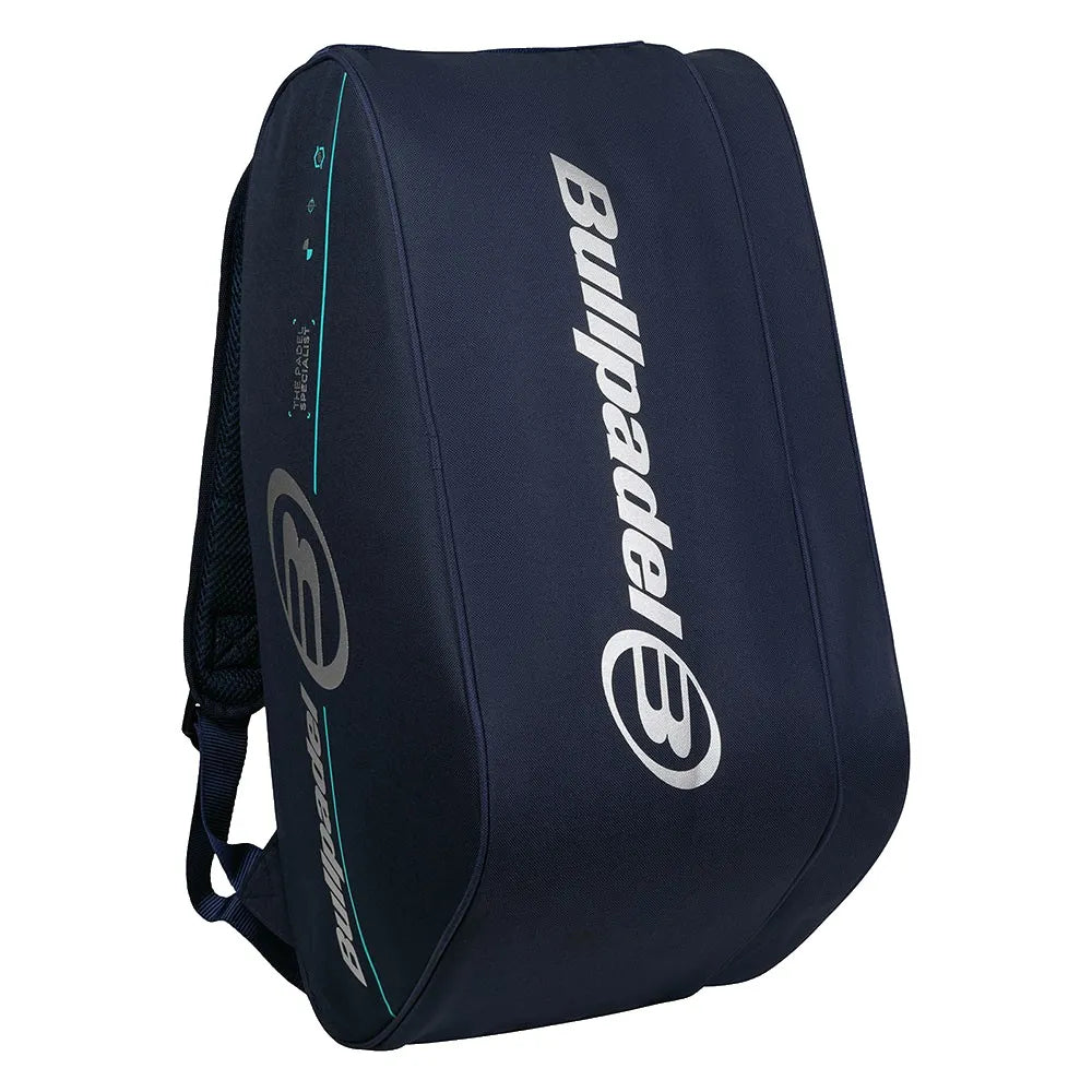 Rechtopstaande donkerblauwe Tour 2026 van Bullpadel met wit logo en turquoise contrastnaad