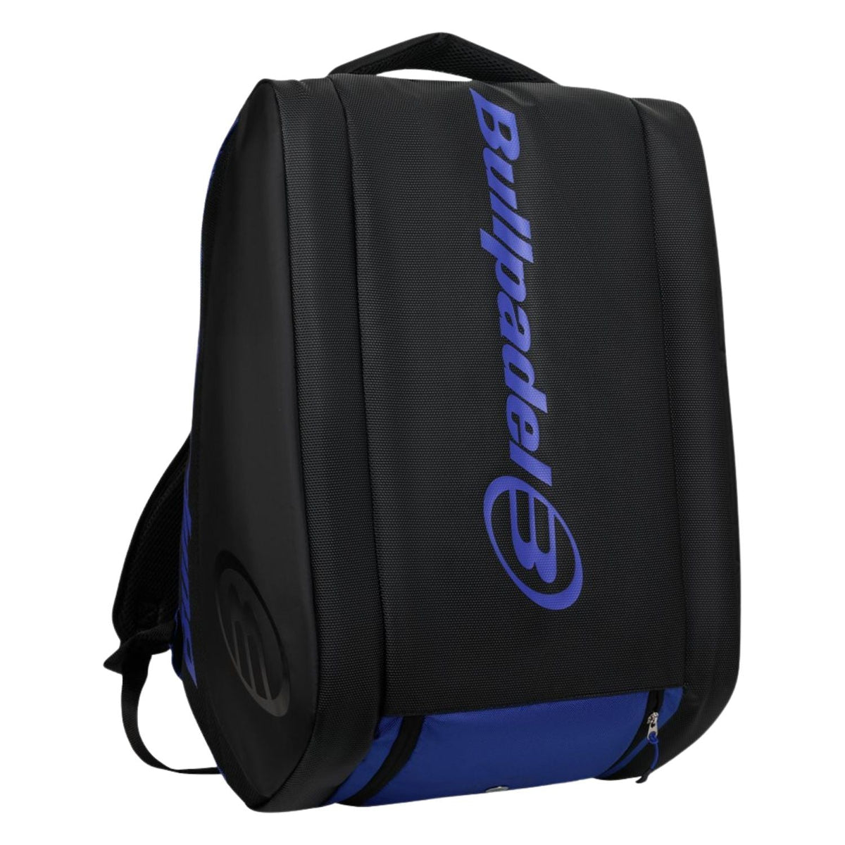 Rechtopstaande zwarte Vertex 2026 van Bullpadel met kobaltblauwe onderzijde en blauw logo