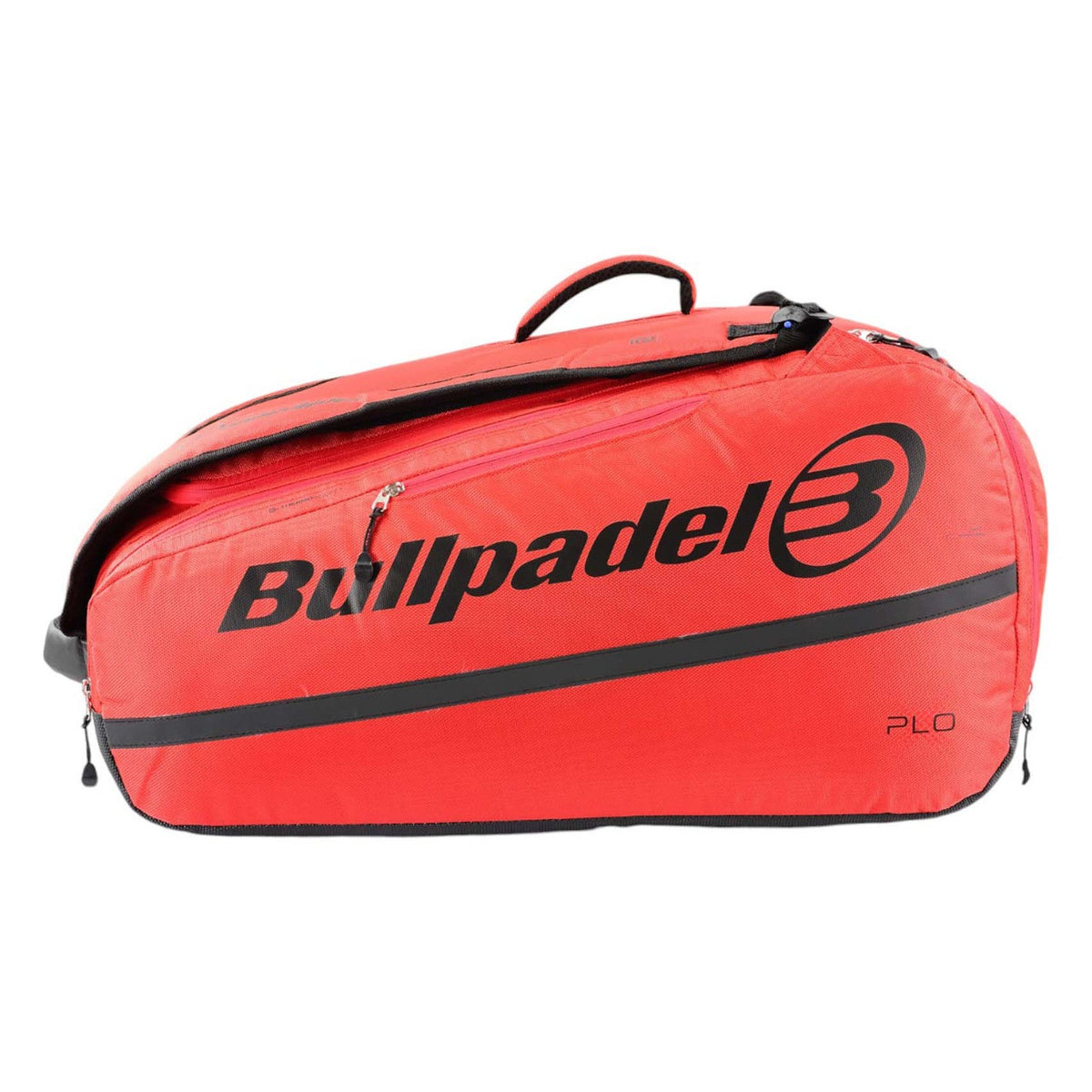 Zijaanzicht van de andere zijde van de koraalrode Bullpadel XPLO met zwart merklogo