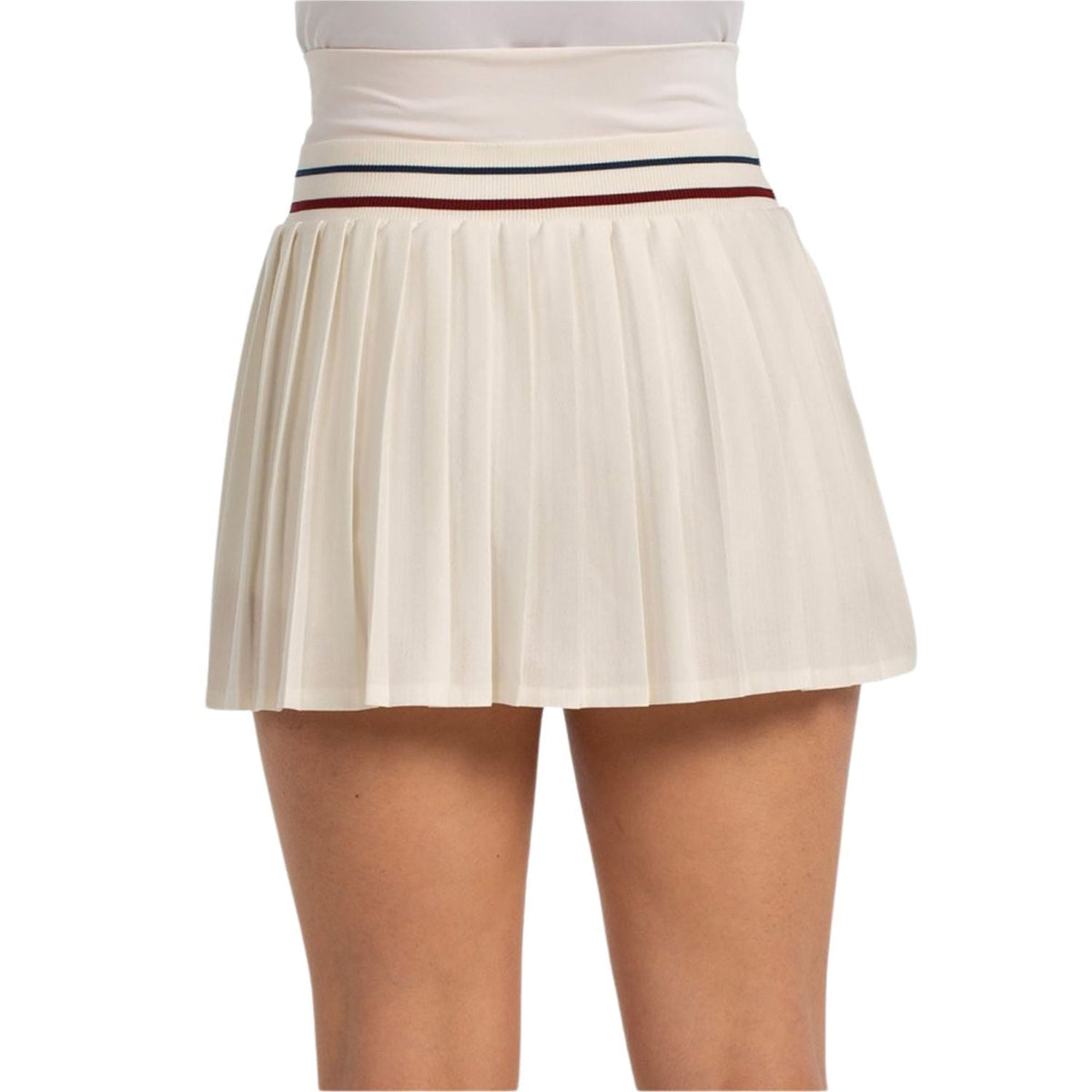 Rückseite des cremefarbenen Bullpadel Atria-Faltenrocks mit gestreiftem Bund