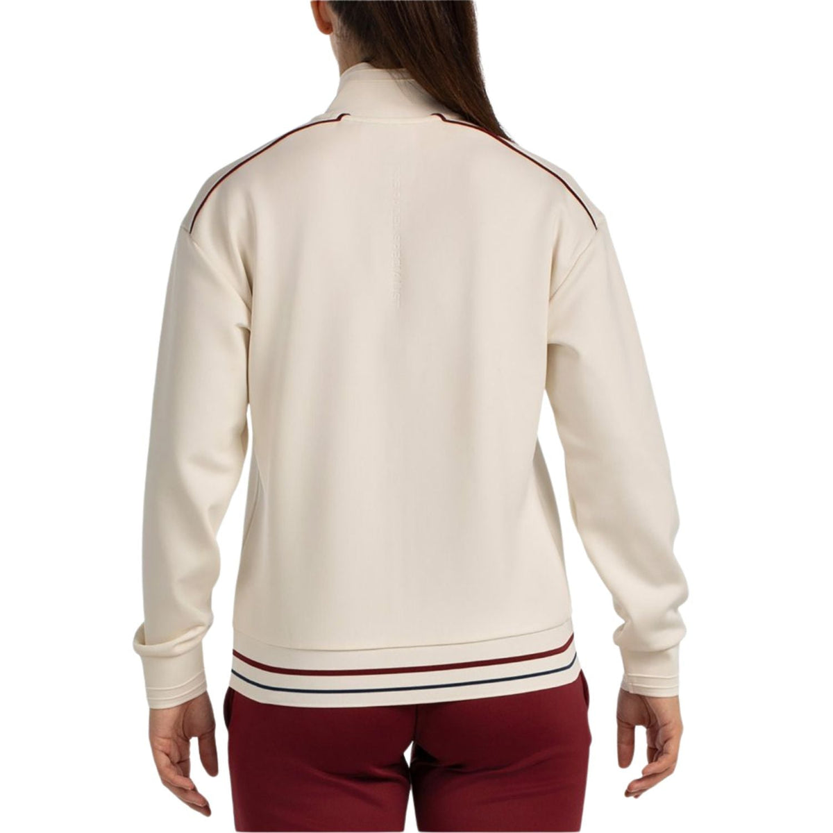 Achterzijde van de gebroken witte Bullpadel Alsa sweater met gestreepte zoomboord