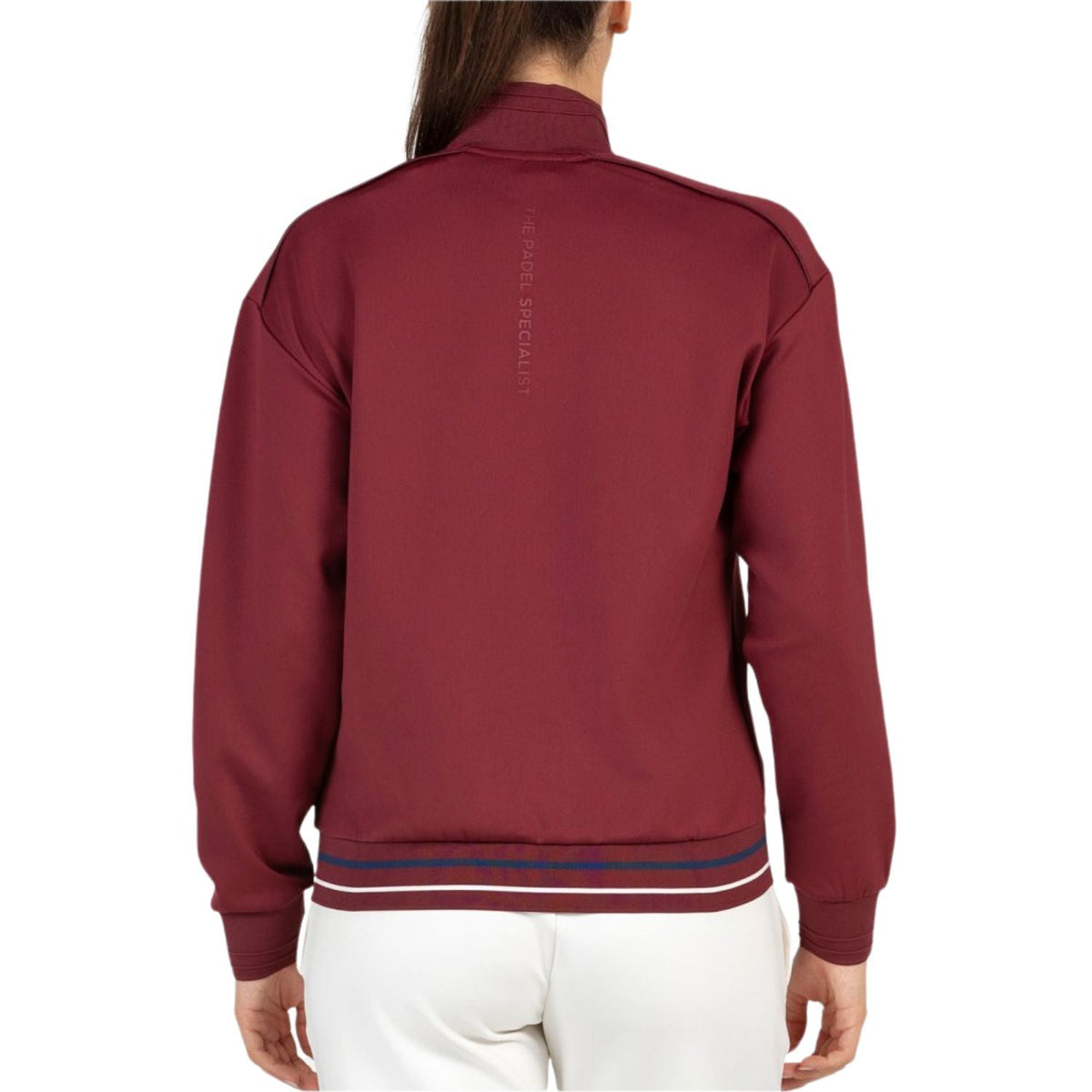 Achterzijde van de bordeauxrode Bullpadel Alsa sweater met gestreepte zoomboord