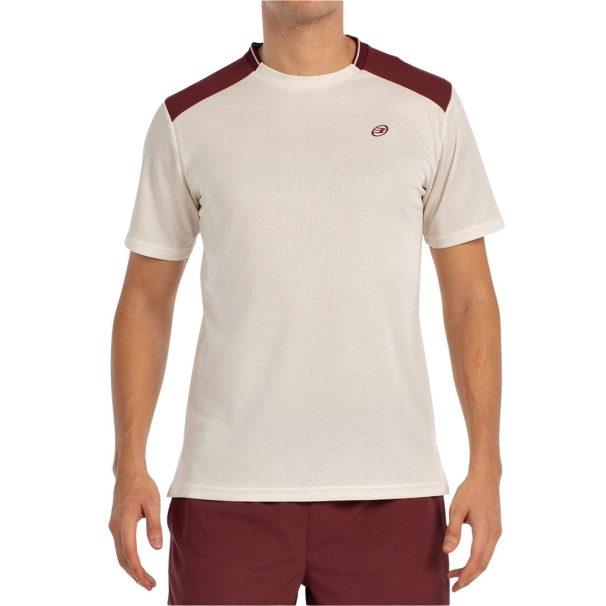 Vooraanzicht van het gebroken witte Bullpadel T-Shirt Acrux met bordeaux schoudervlakken