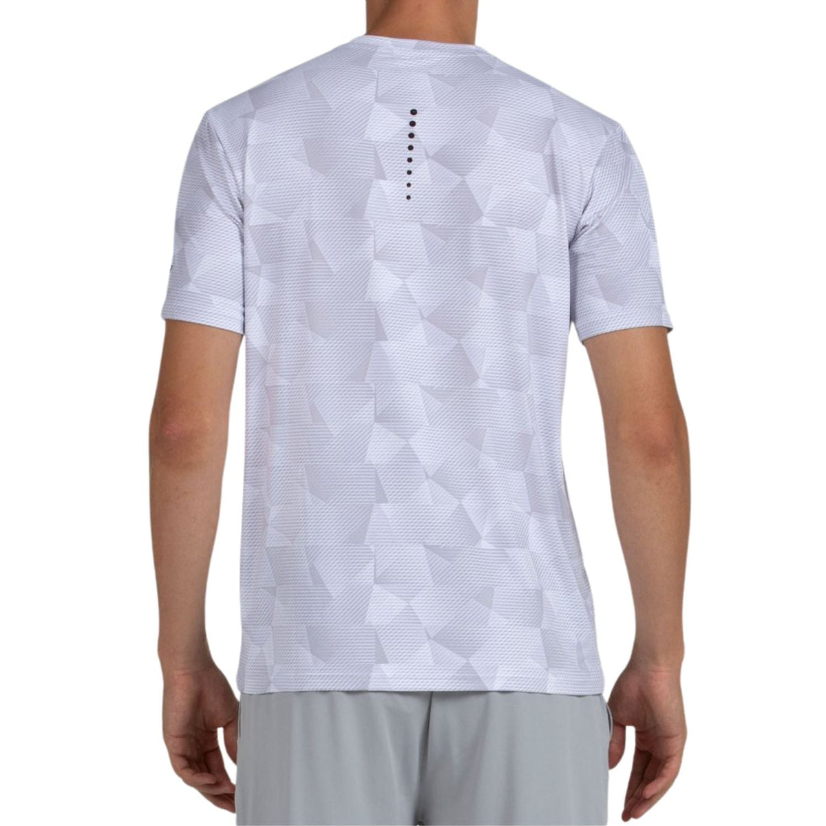 Achterzijde van het witte Bullpadel T-Shirt Macondo met verticale stippenrij