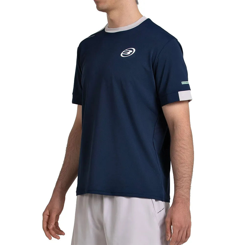 Donkerblauw Bullpadel Mananu T-shirt schuin met grijze mouwboord