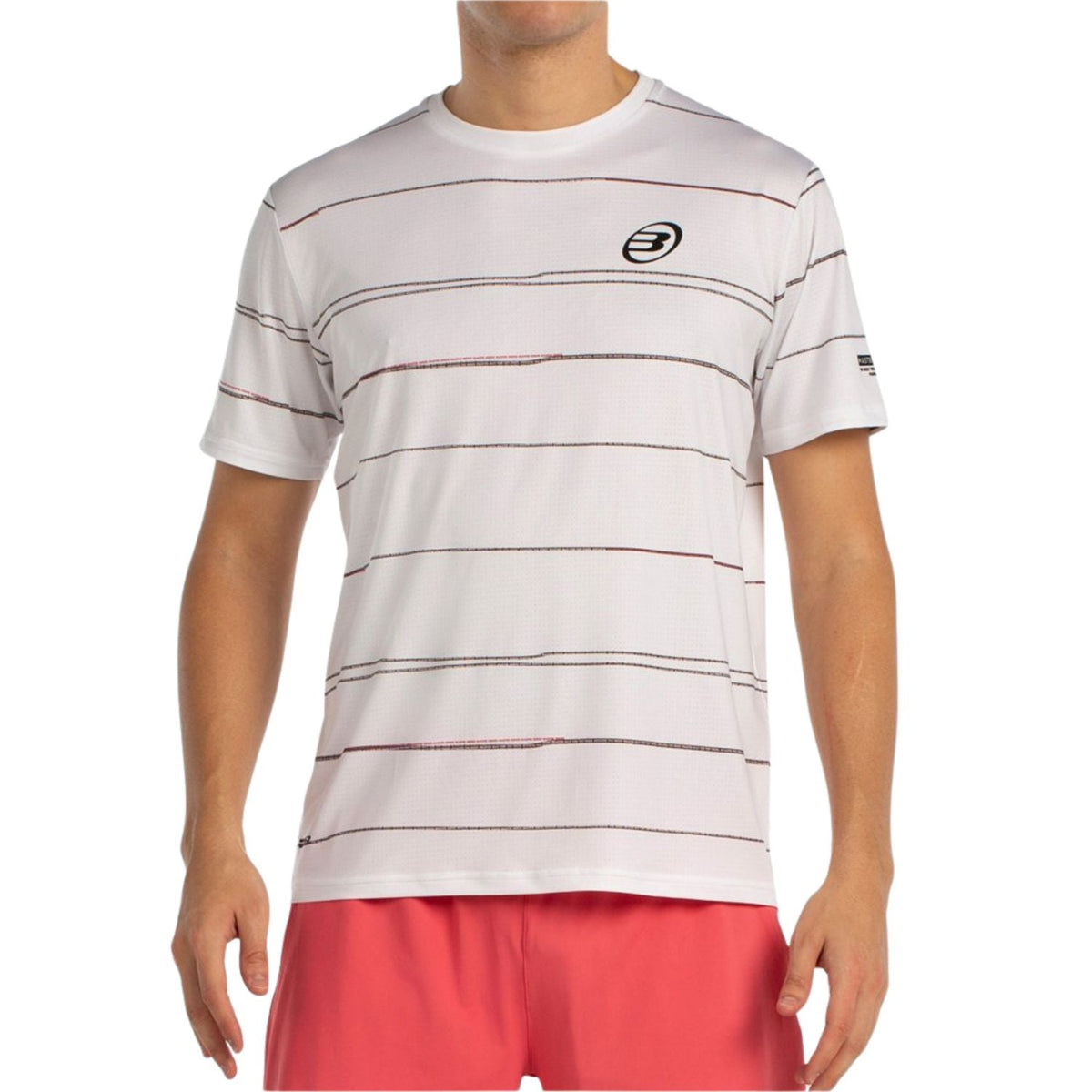 Vooraanzicht van het witte Bullpadel T-Shirt Moana met fijne streepprint en zwart logo