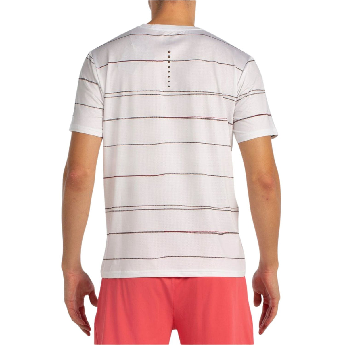 Achterzijde van het witte Bullpadel T-Shirt Moana met stippenrij tussen de strepen