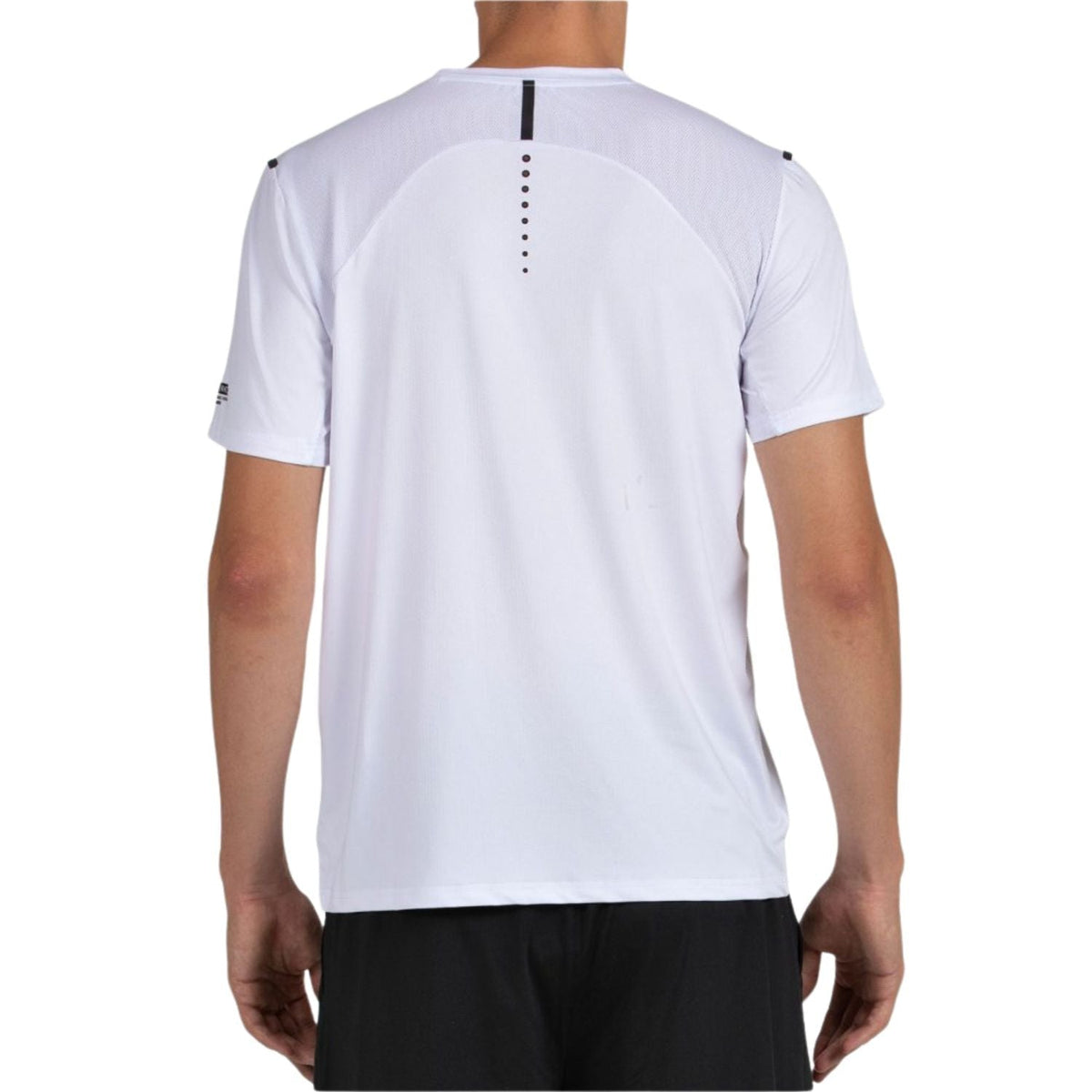Rückseite des weißen Bullpadel Montuno T-Shirts mit grauem Schulterteil