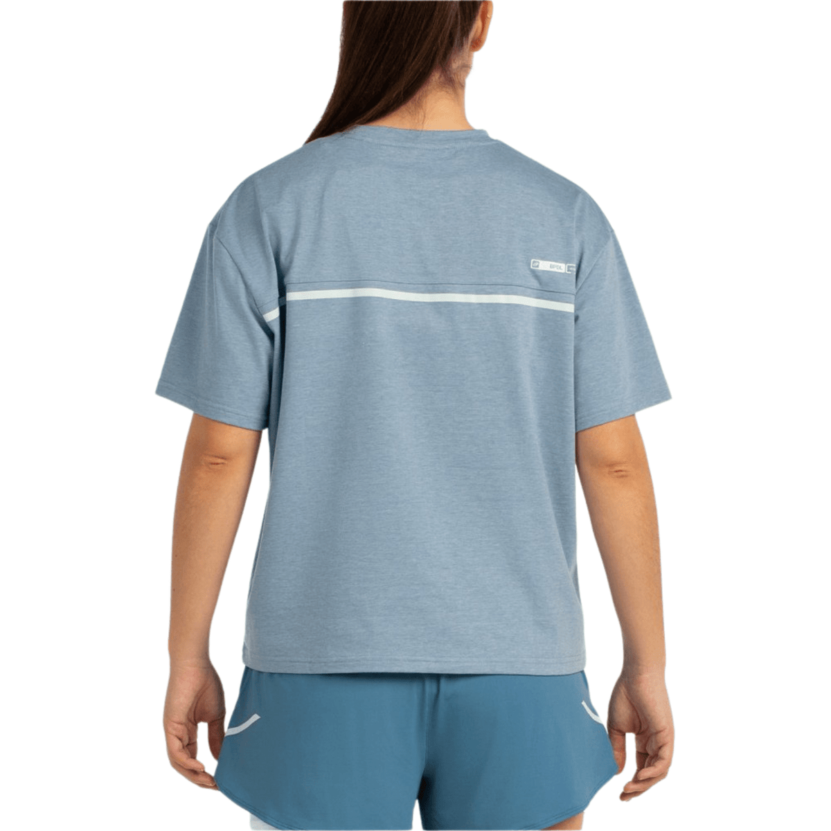 Achterzijde van het grijsblauwe Bullpadel T-Shirt Oyeme met witte streep over de rug