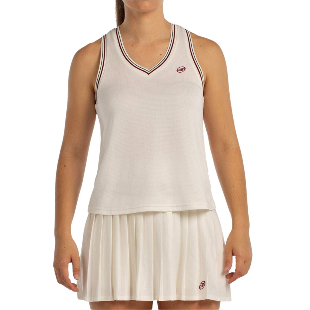 Vooraanzicht van de gebroken witte Bullpadel W Aza tanktop met V-hals en logo