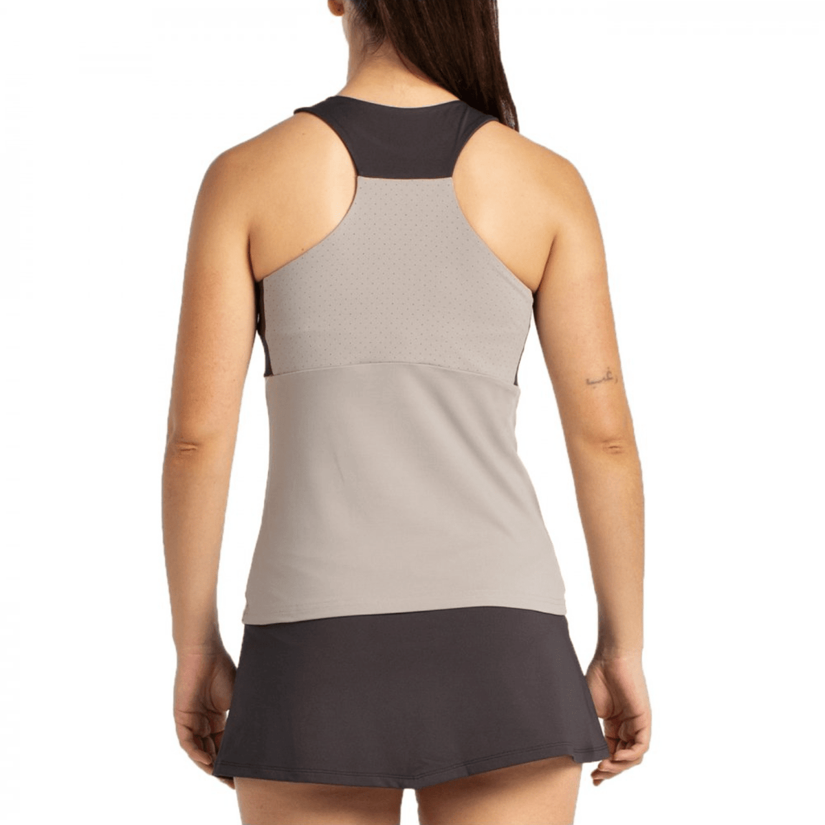 Achterzijde van de taupegrijze Bullpadel Tanktop W Erare met racerback en zwart juk