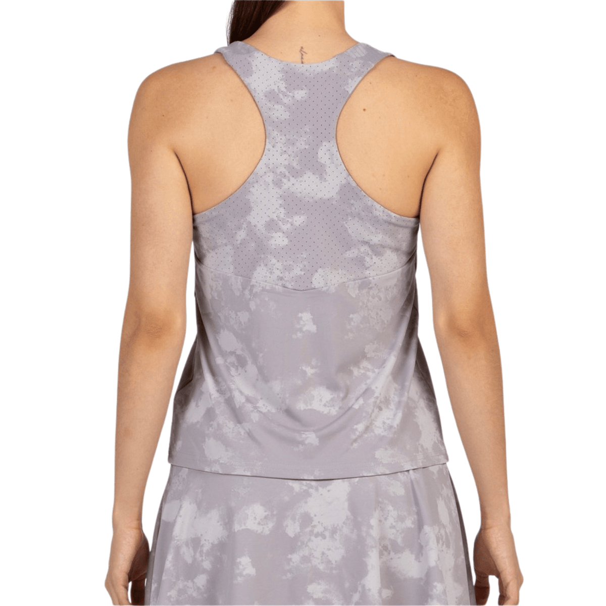 Achterzijde van de grijze Bullpadel Exoro tanktop met racerback en wolkenprint