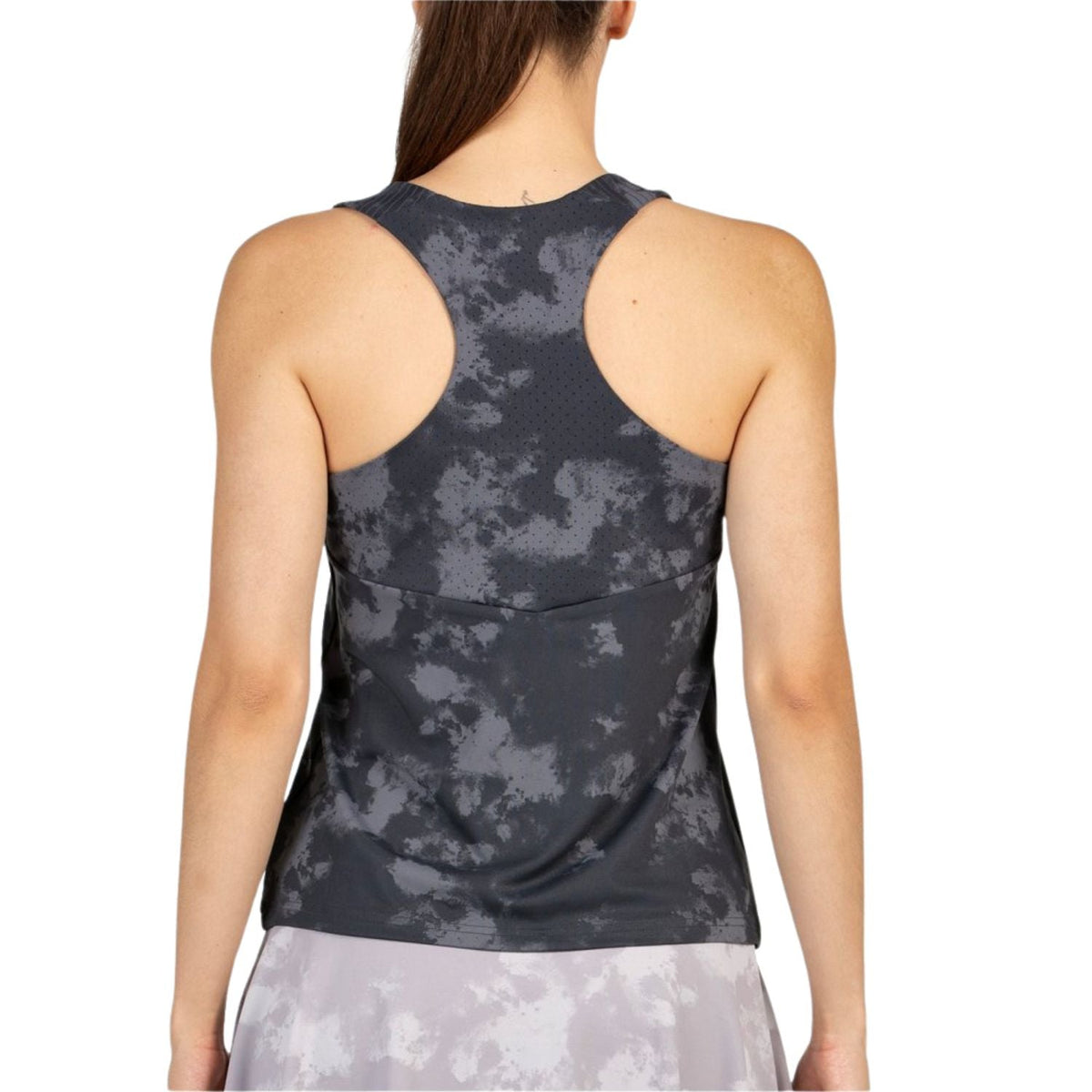 Achterzijde van de zwarte Bullpadel Exoro tanktop met racerback en wolkenprint
