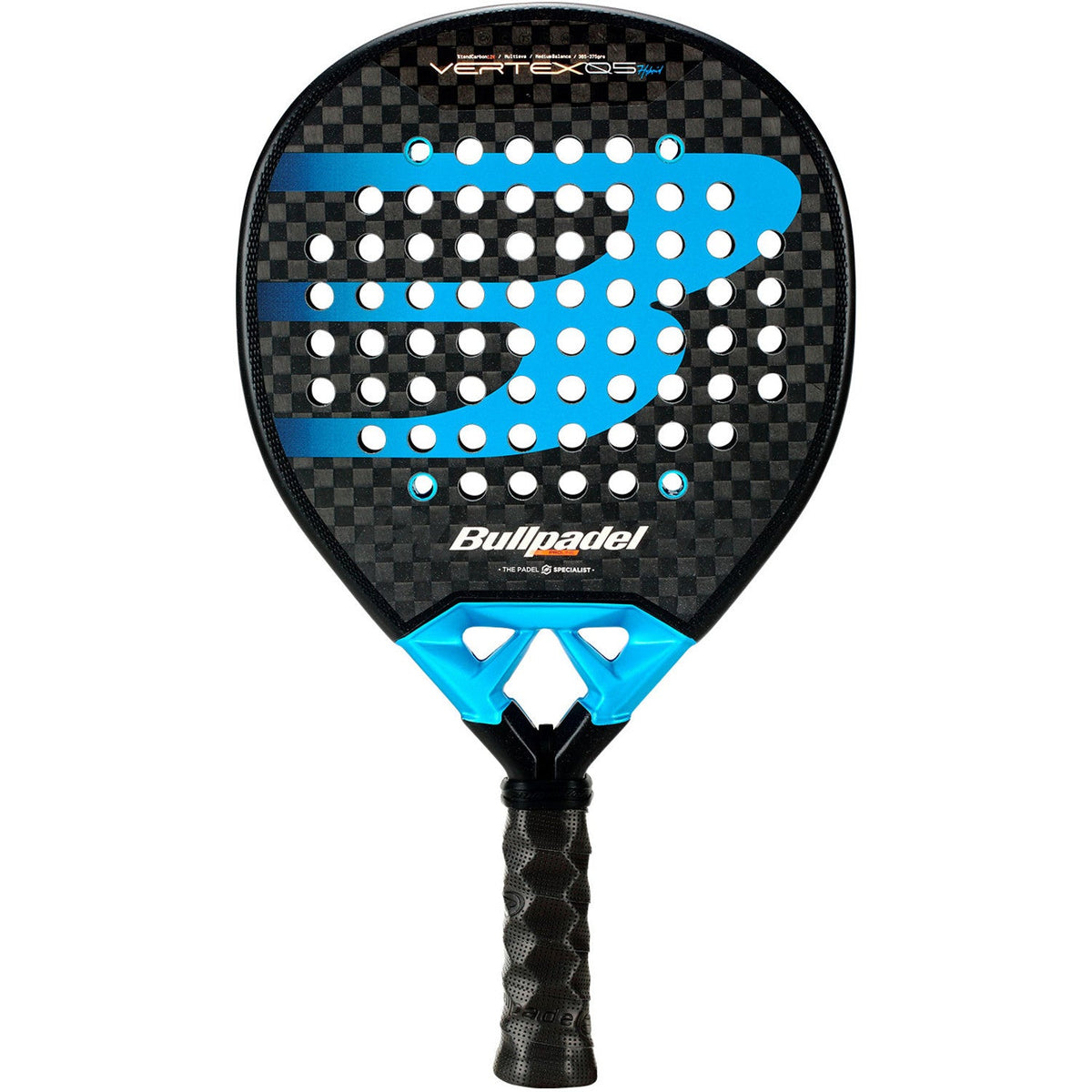 Bullpadel Vertex 05 Hybrid 26 padelracket in zwart met blauwe vlakken, vooraanzicht