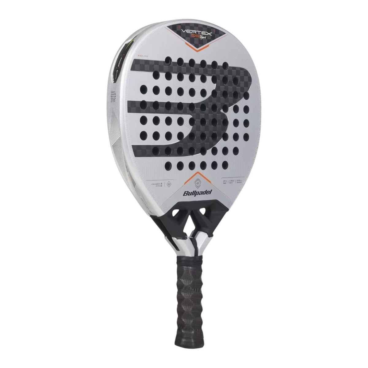 Bullpadel Vertex 05 Hybrid 27 padelracket schuin vooraanzicht, hybride vorm in wit