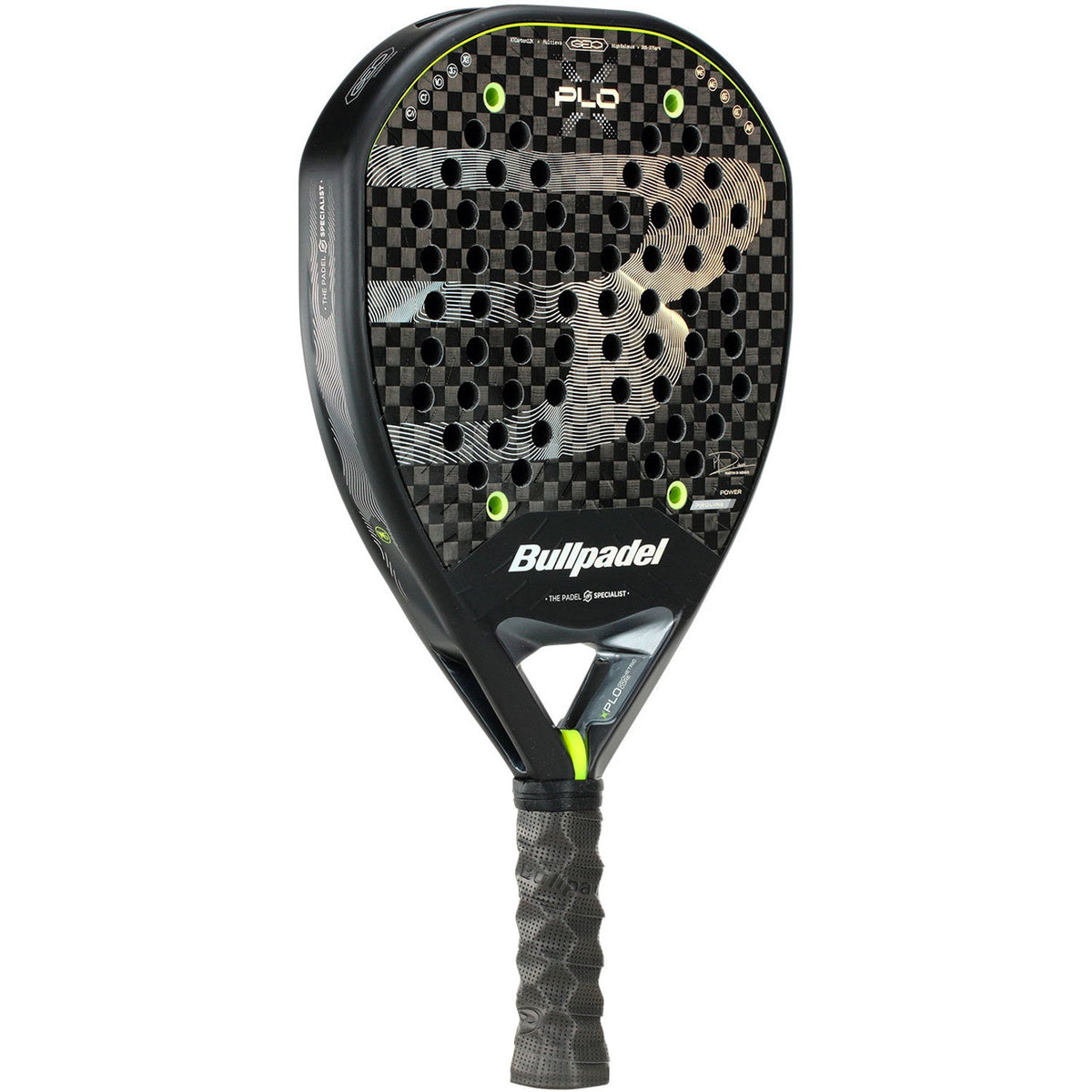 Bullpadel XPLO 26 schuin vooraanzicht, diamantvorm in zwart met zilveren vlakken