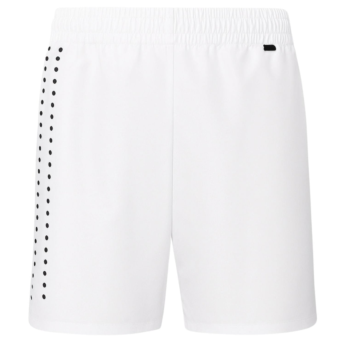 Achterzijde van de witte By VP short voor dames met stippenprint op de zijkant