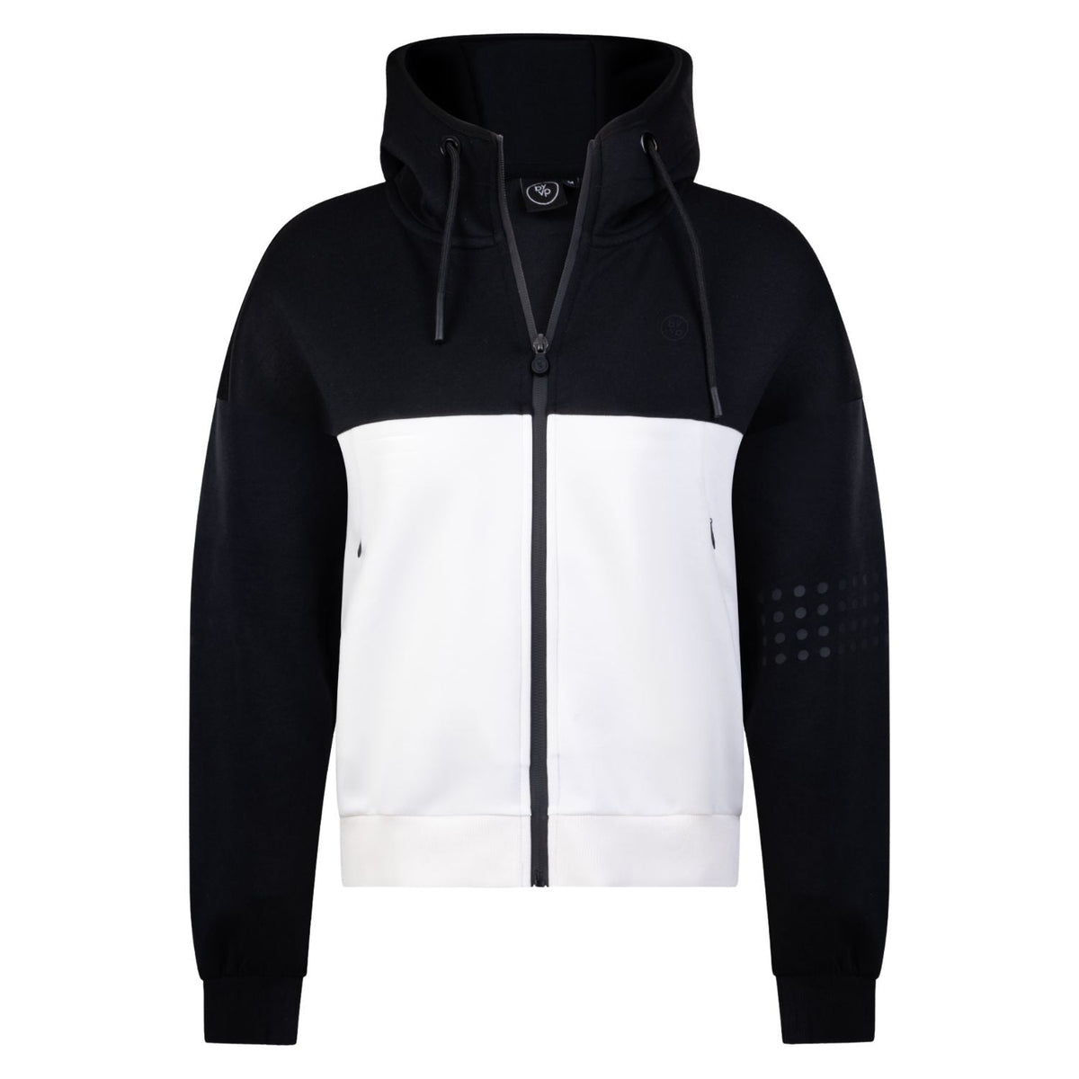 Vooraanzicht van het zwart-witte By VP zip jacket met rits en stippenprint op de mouw
