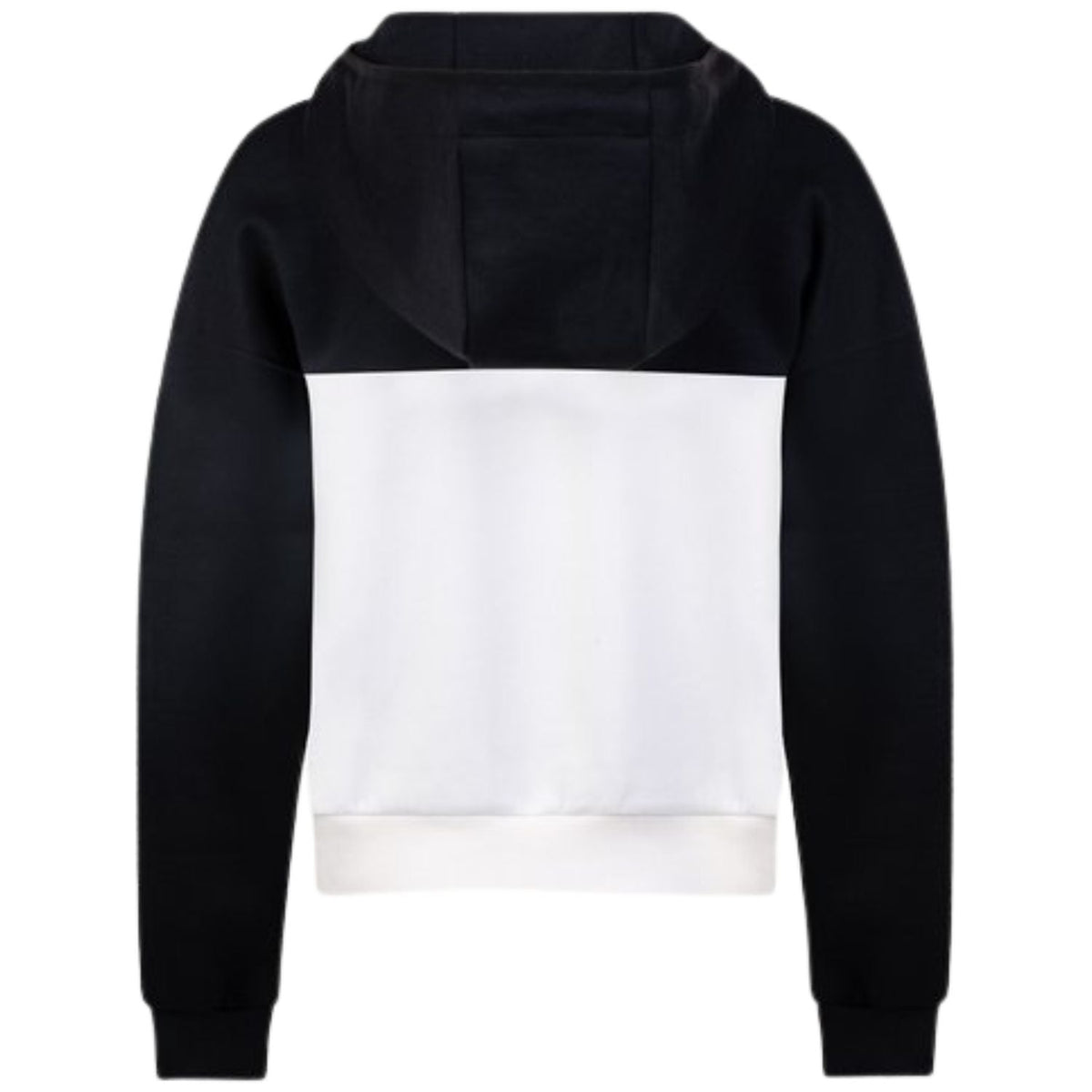 Achterzijde van het zwart-witte By VP zip jacket met wit vlak en capuchon