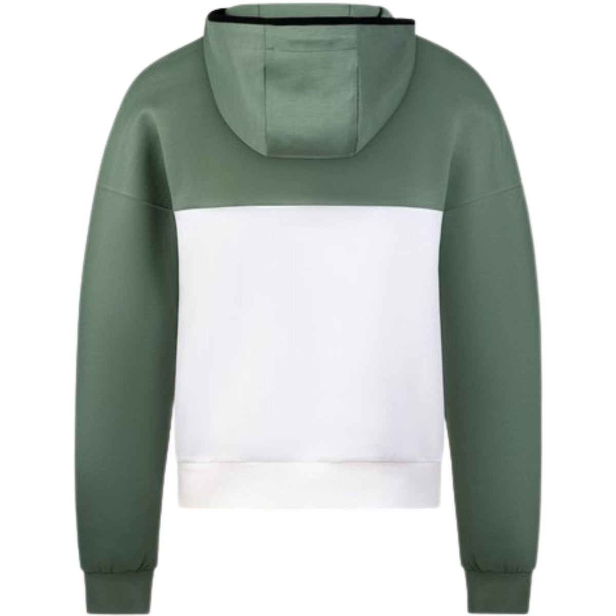 Achterzijde van het groen-witte By VP zip jacket met capuchon en witte baan