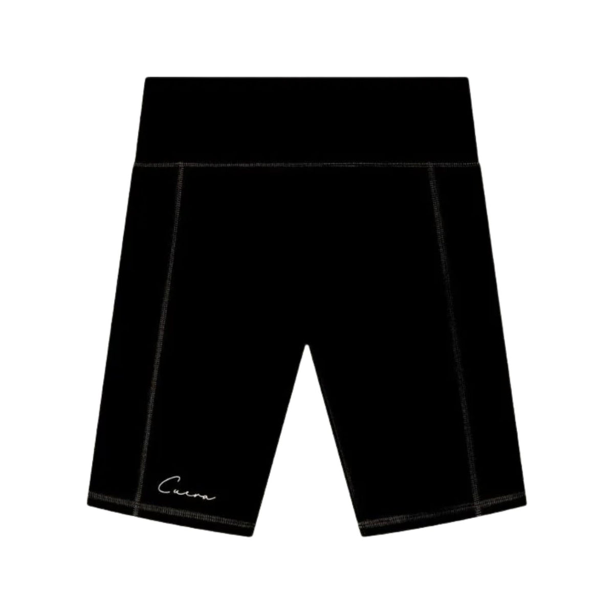 Sorte Cuera Active-cykelshorts til kvinder, fotograferet fra siden, forfra med logo