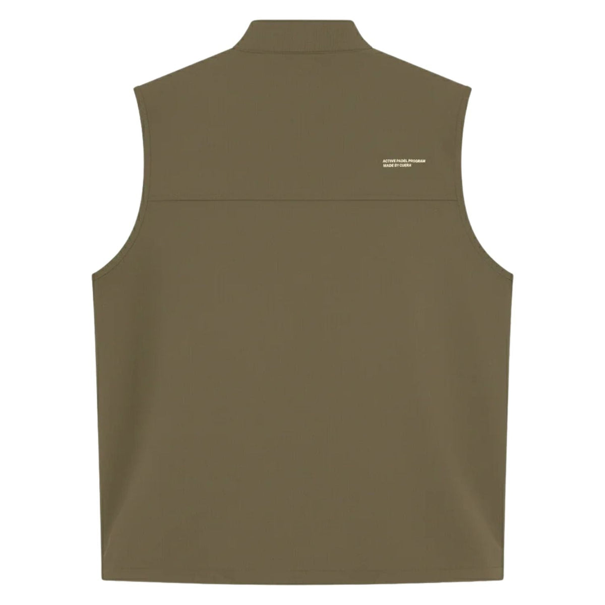 Achterzijde van het olijfgroene Cuera Active Gilet met opstaande kraag en logo