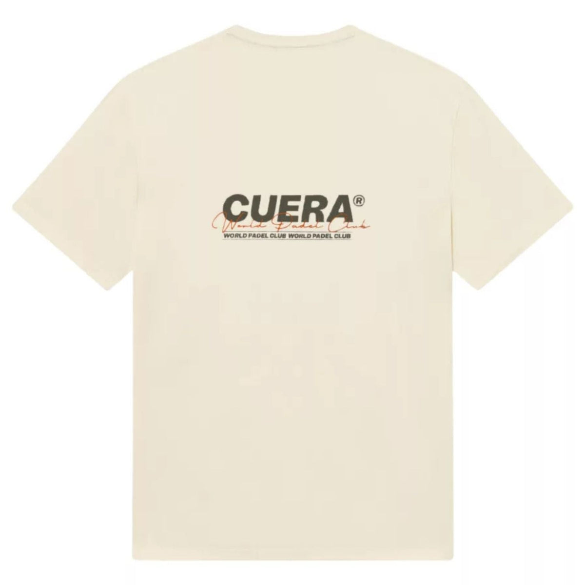 Achterzijde van het gebroken witte Cuera Active T-shirt met grote CUERA-print